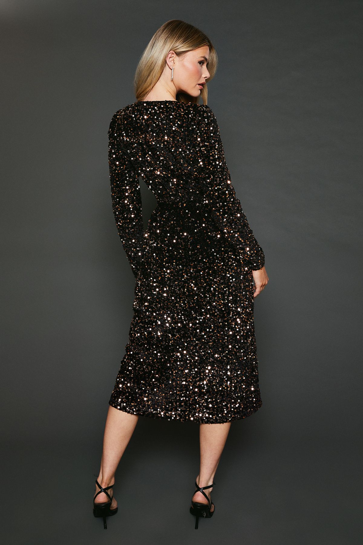 Dorothy Perkins Velvet Sequin Wrap Midi Dress Bronze image 3
