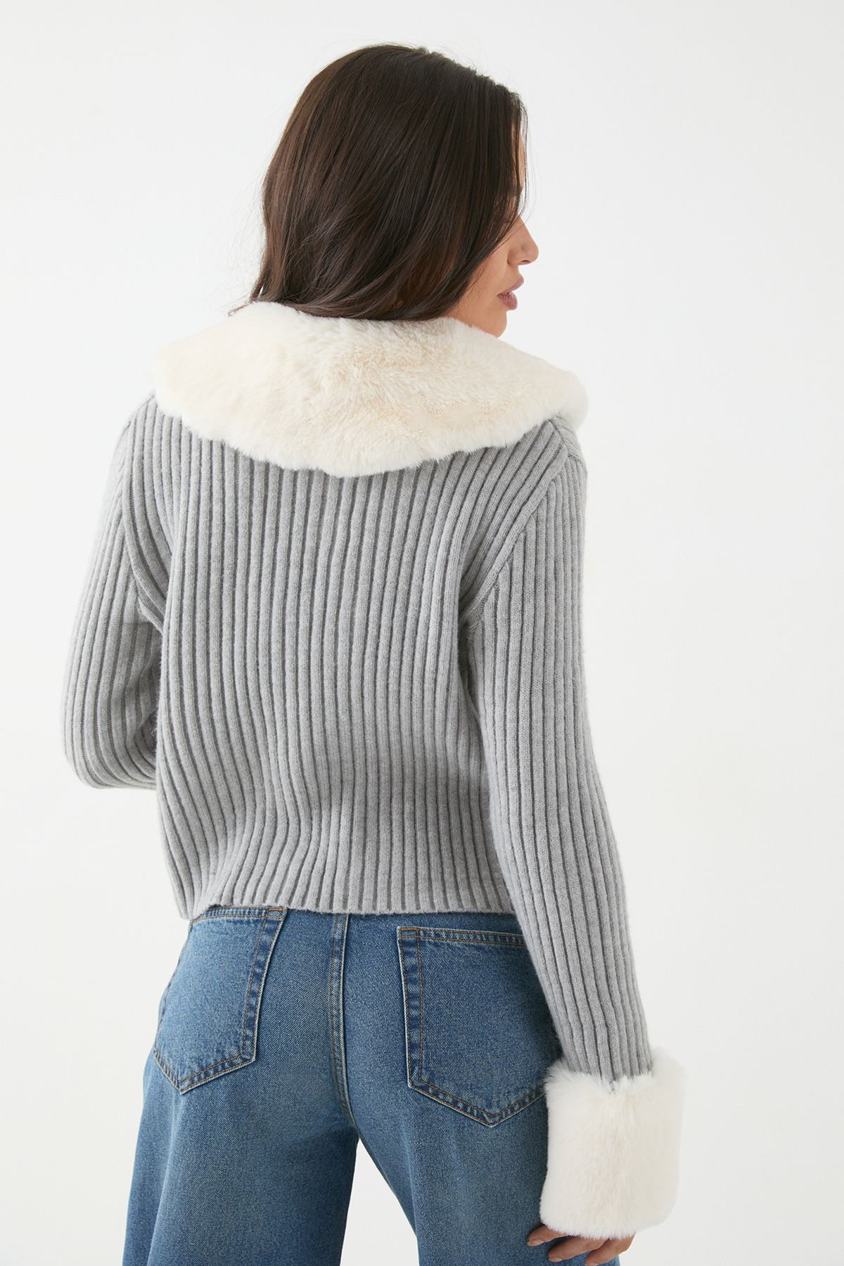 MissPap Knitted Rib Fur Trim Tie Detail Front Jumper Grey image 3