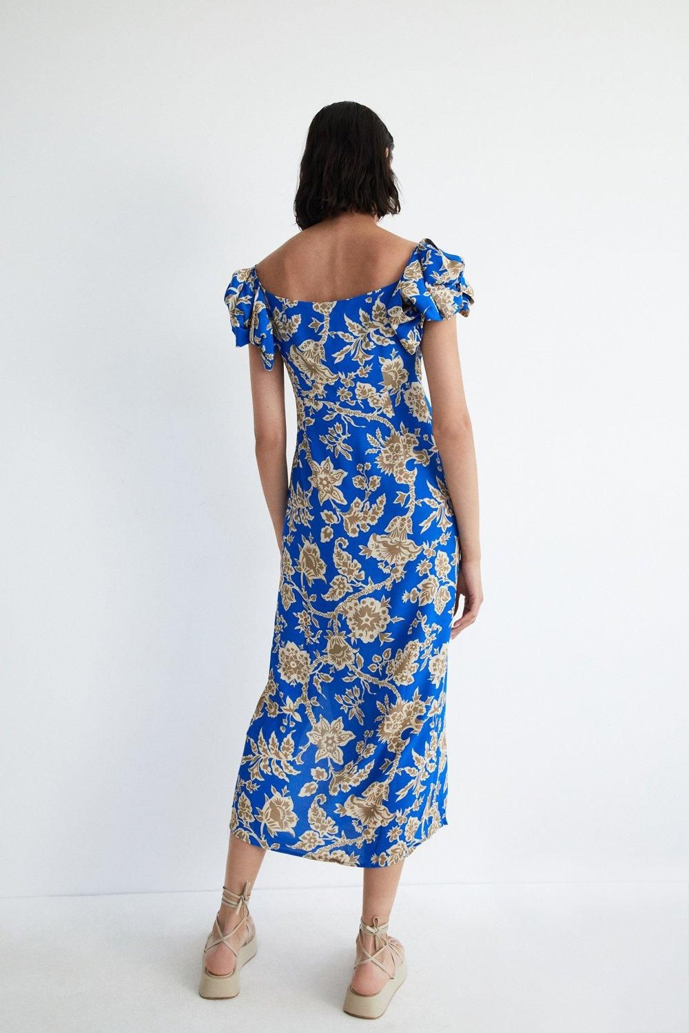 Warehouse Floral Print Square Neck Midi Dress Blue image 3