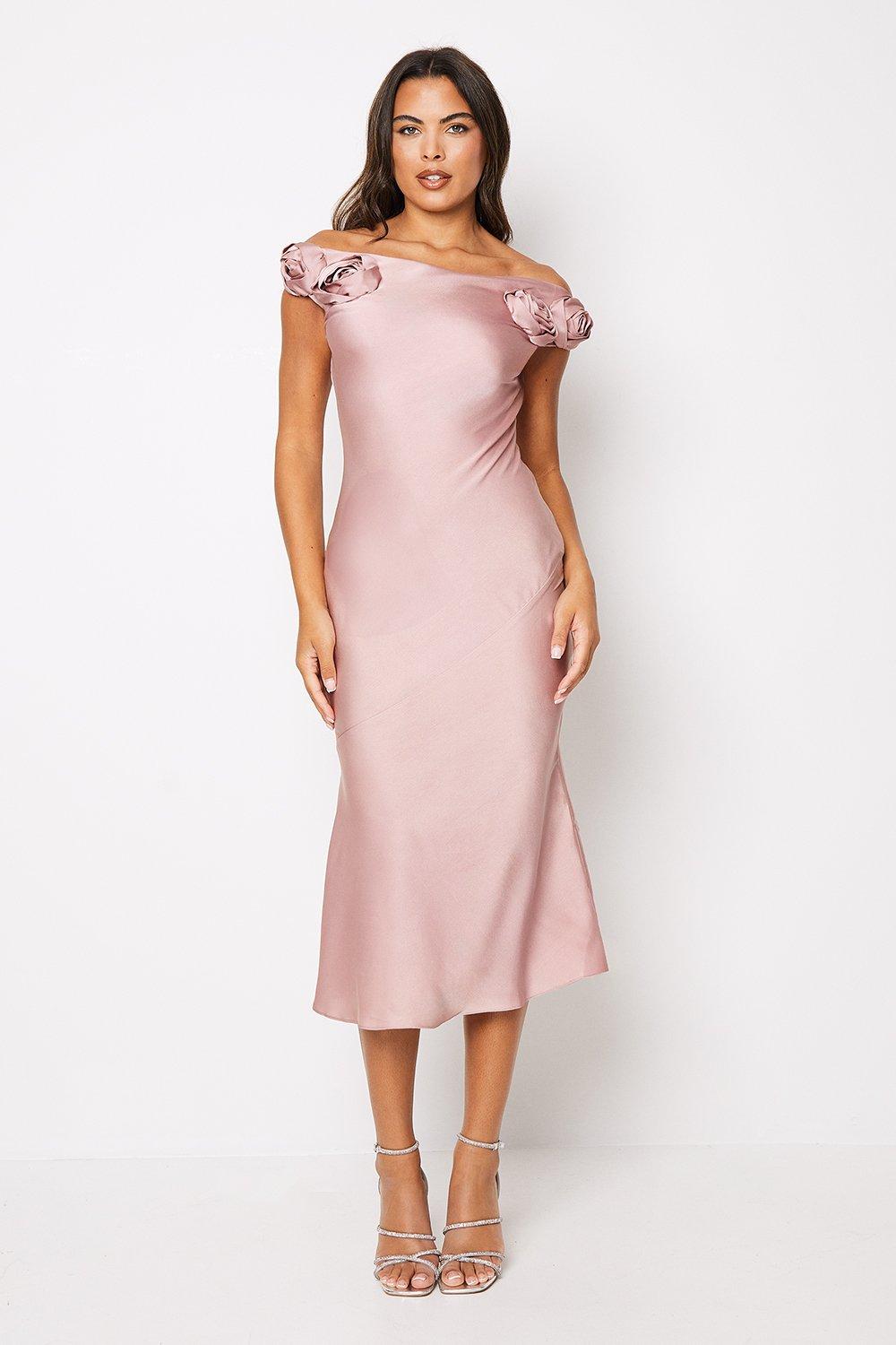 Coast Rose Shoulder Bias Cut Midi Wedding Guest Dress Mink image 1