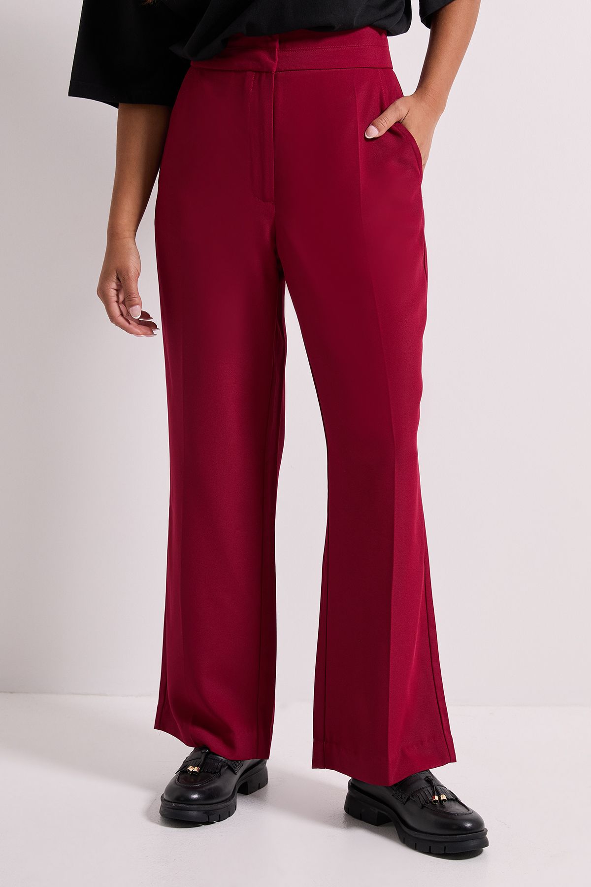 Dorothy Perkins Petite Stitch Waistband Straight Leg Trouser Cranberry