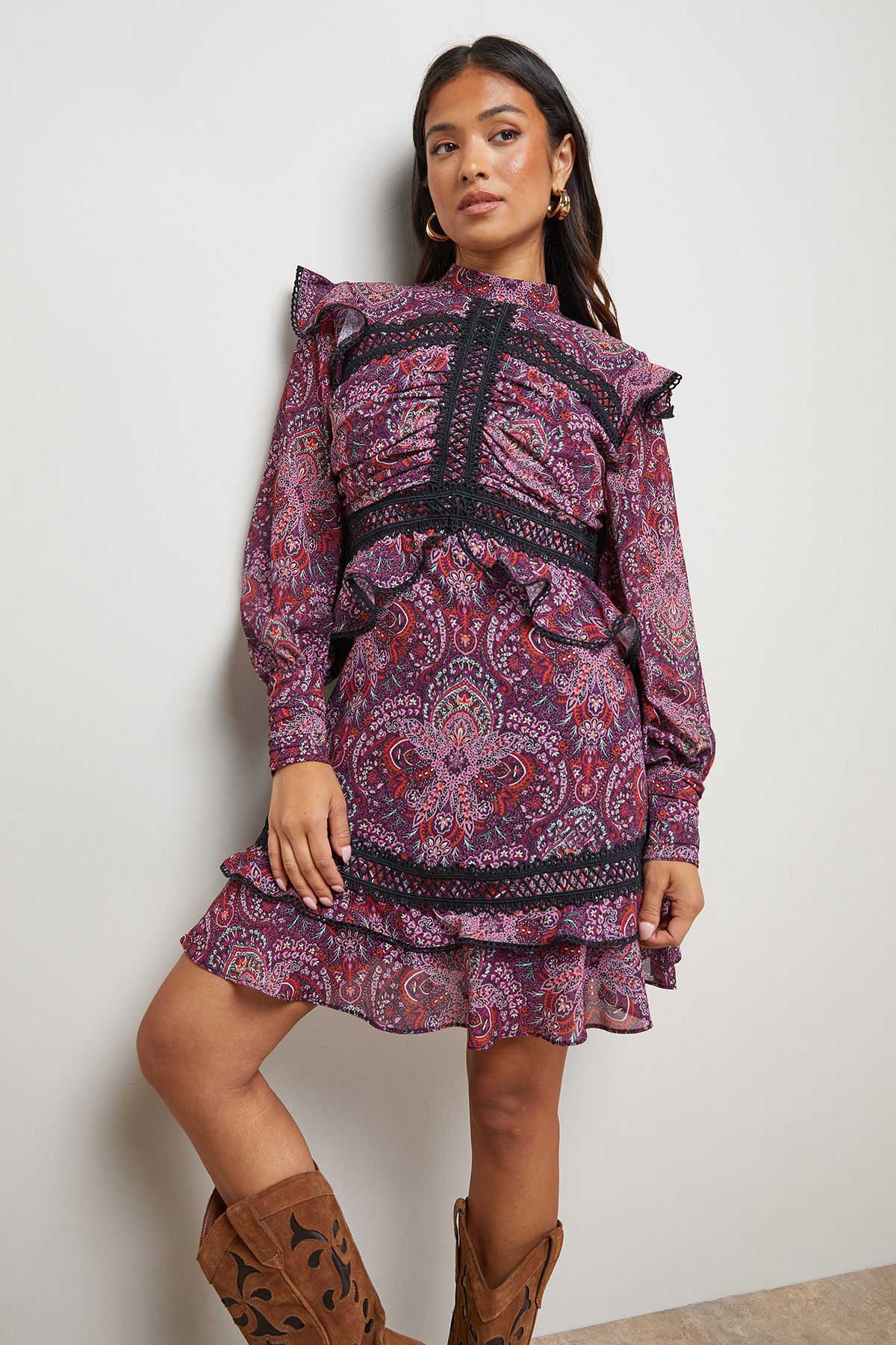 Oasis Petite Ruched Bodice Trim Detail Mini Dress Multi image 1