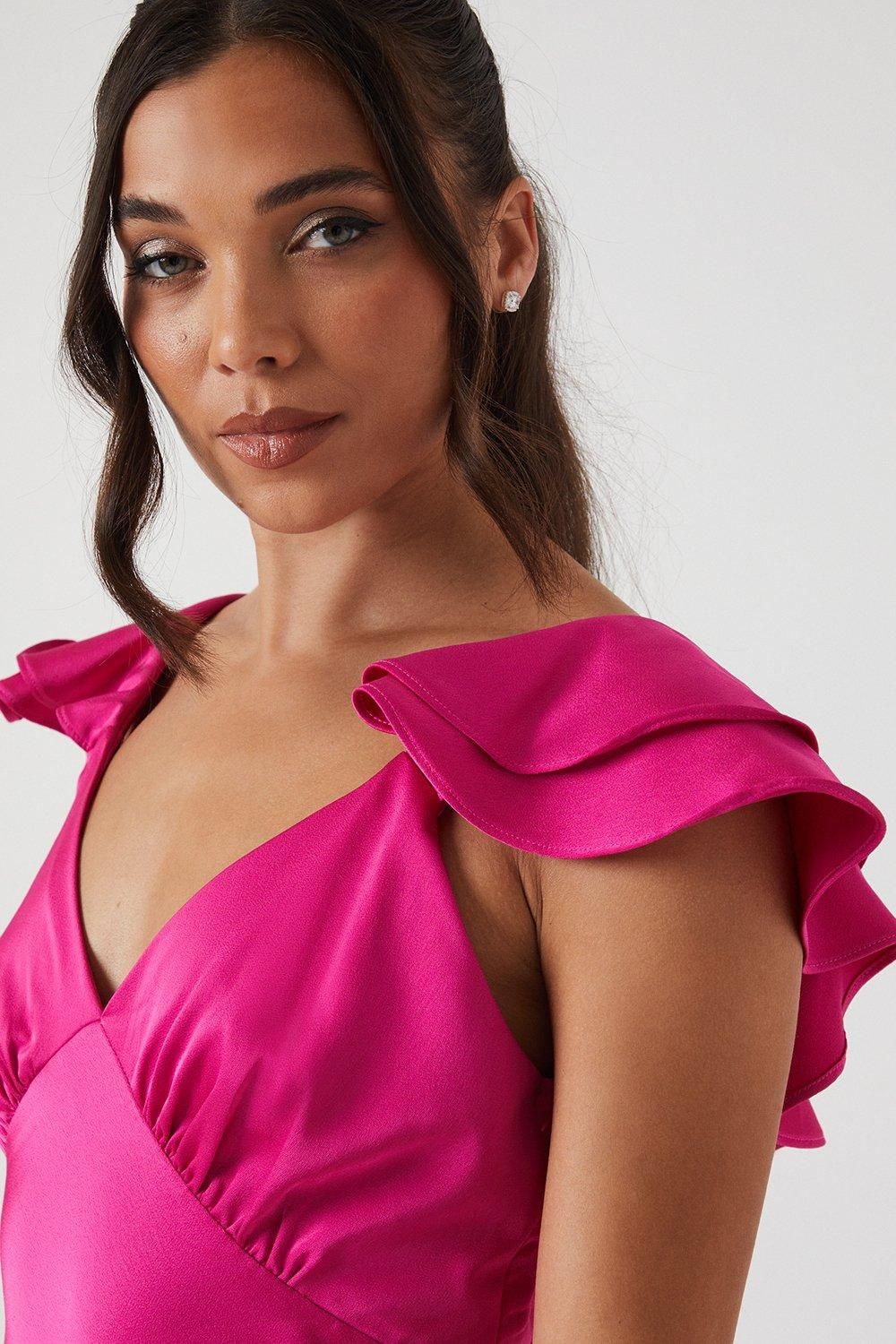 Oasis Petite Ruffle Neckline Satin Maxi Bridesmaid Dress Bright Pink image 2