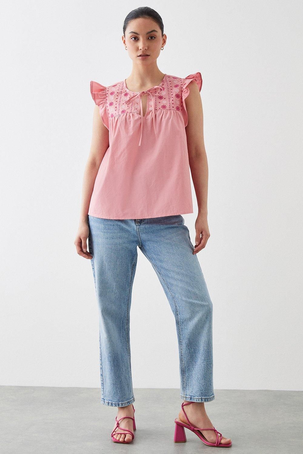 Dorothy Perkins Petite Pink Embroidered Poplin Shell Blouse Pink image 1