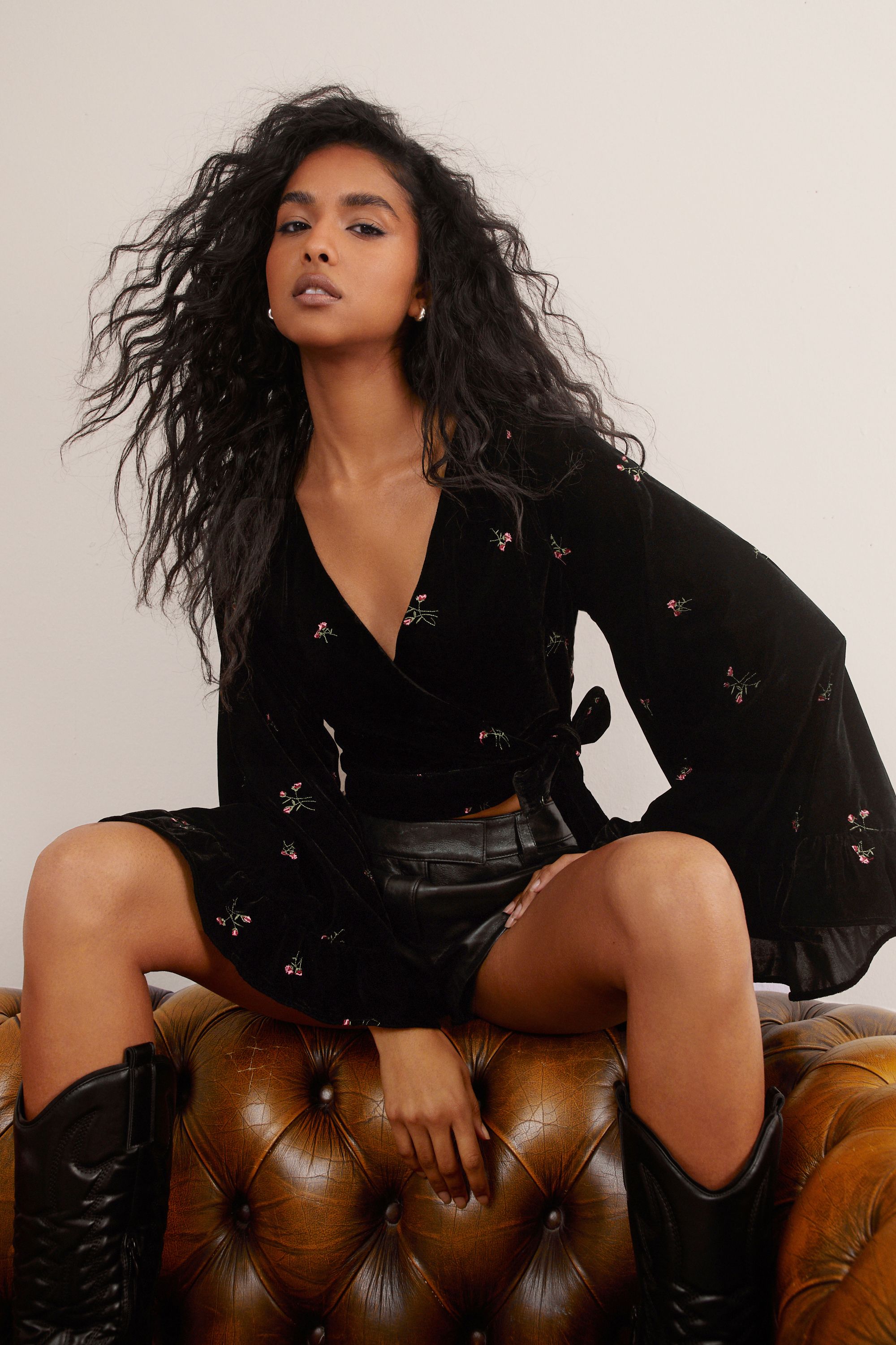 NastyGal Velvet Floral Embroidered Ruffle Wrap Top Black image 1