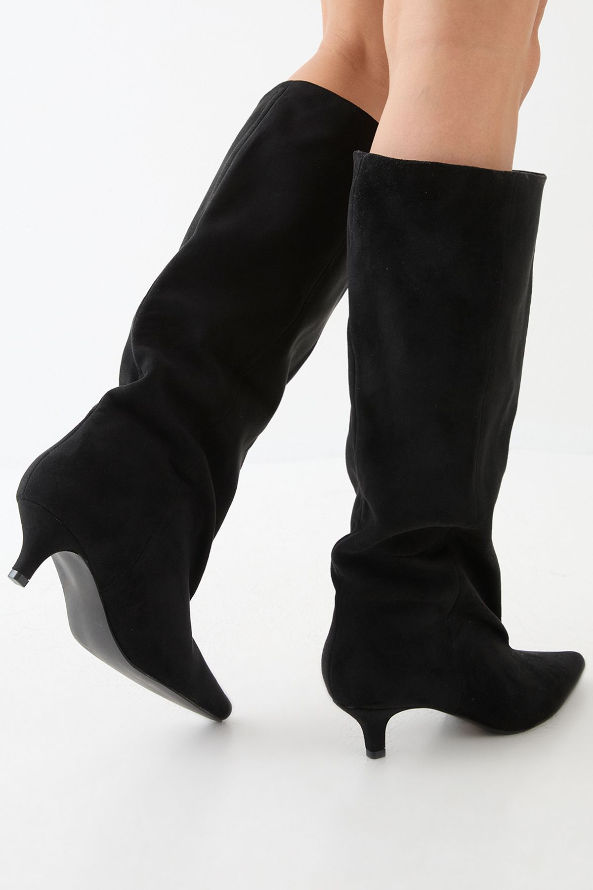 MissPap Low Stiletto Faux Suede Slouch Knee High Boots Black image 3