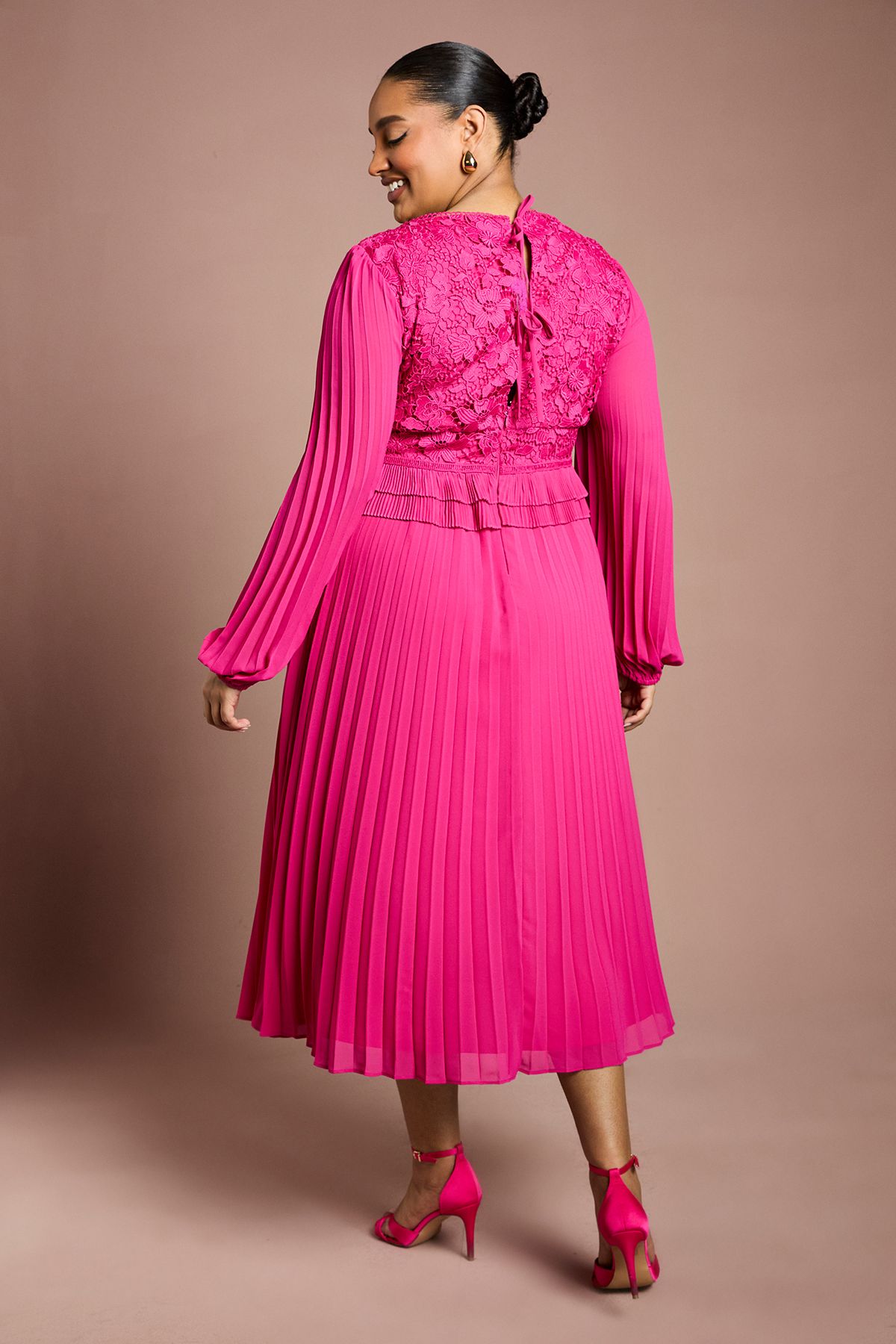 Coast Plus Lace Insert Long Sleeve Pleat Dress Magenta image 3