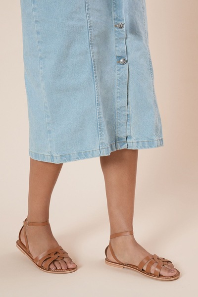 Dorothy Perkins Wide Fit Jaleesa Real Leather Woven Flat Sandals Tan