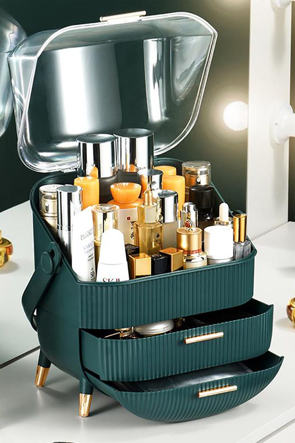 Living and Home Cosmetic Organizer Skincare Display Box With 2 Layers Of Storage Boxes And Transparent Lid Elegant Makeup Storage Organizer Box with Drawers and Handle image 5