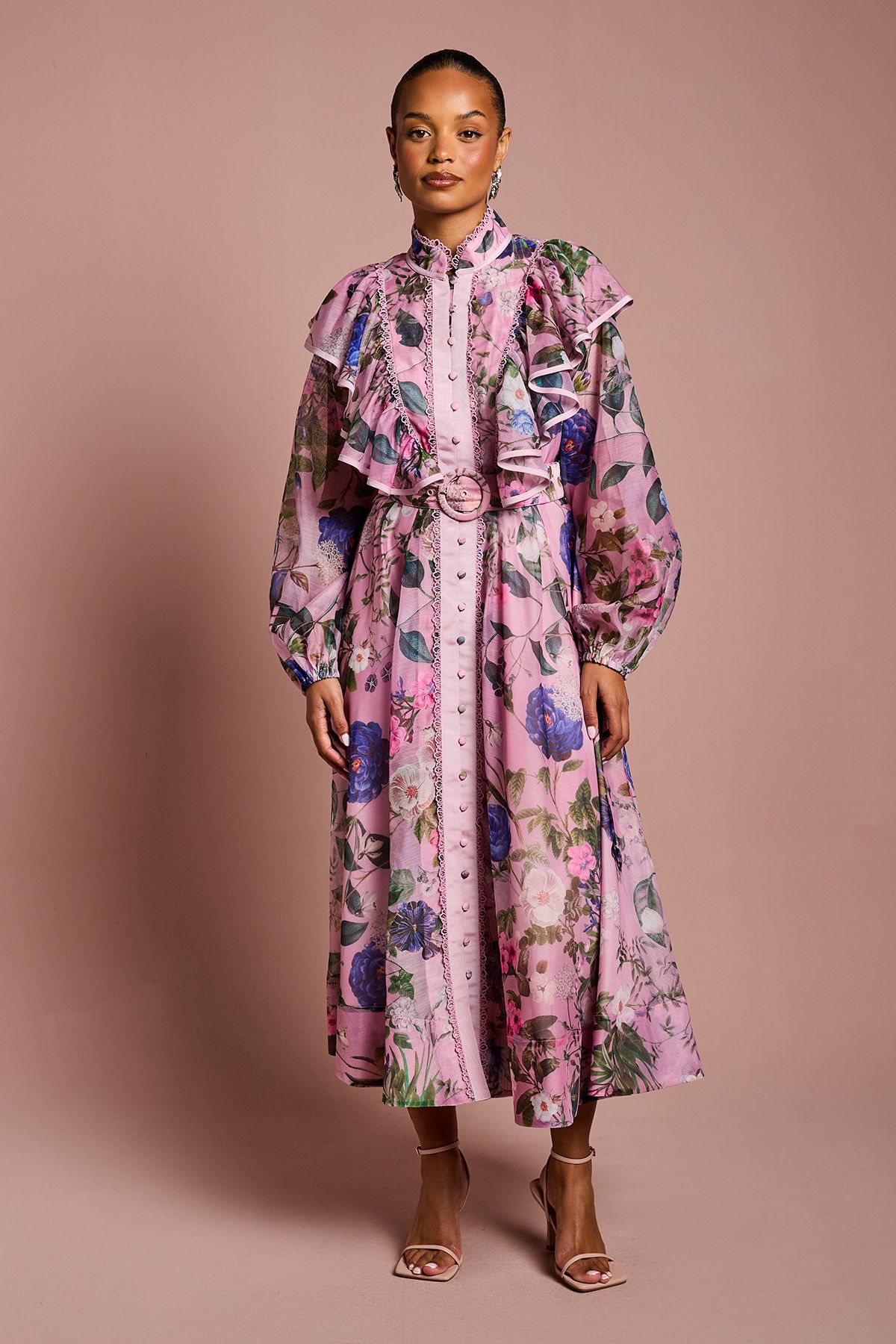 Coast Petite Printed Midi Dress With Organza Trim Pink image 1