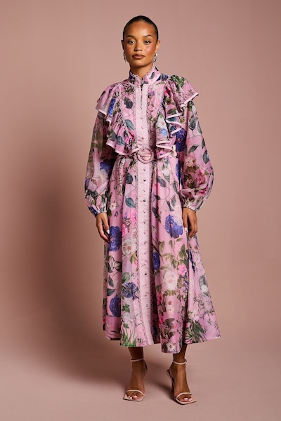 Coast Petite Printed Midi Dress With Organza Trim Pink