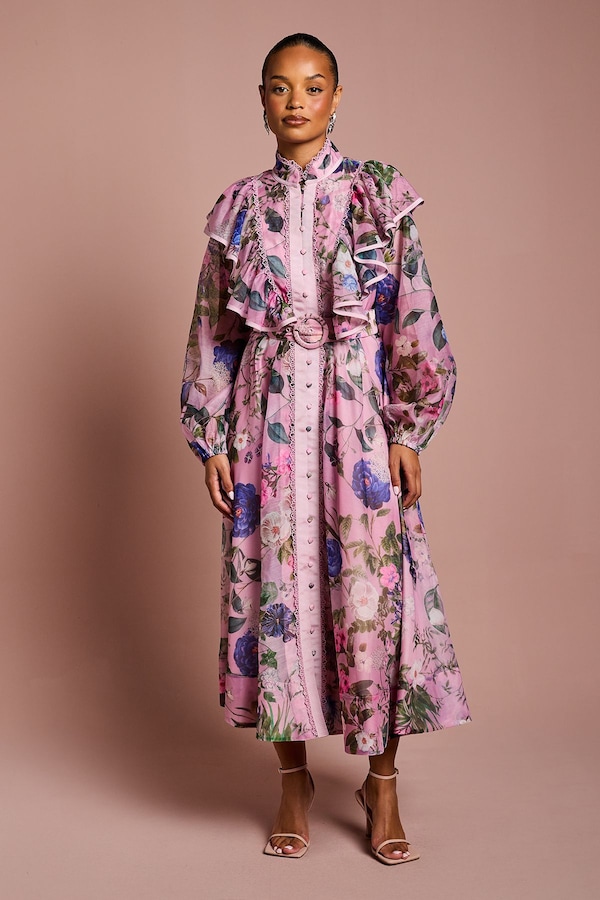 Coast Petite Printed Midi Dress With Organza Trim Pink