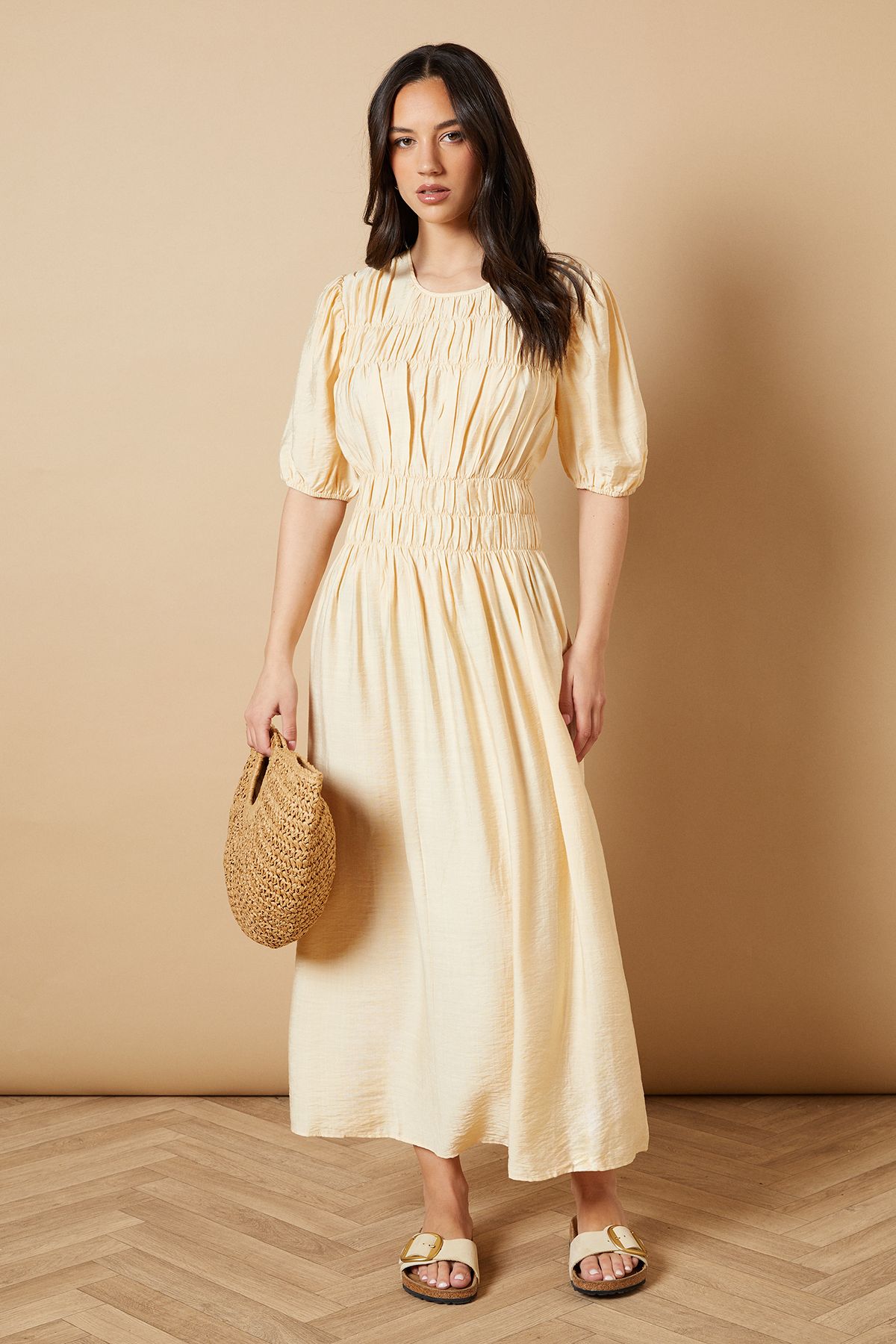 Oasis Shirred Bodice Puff Sleeve Midi Dress Yellow image 1
