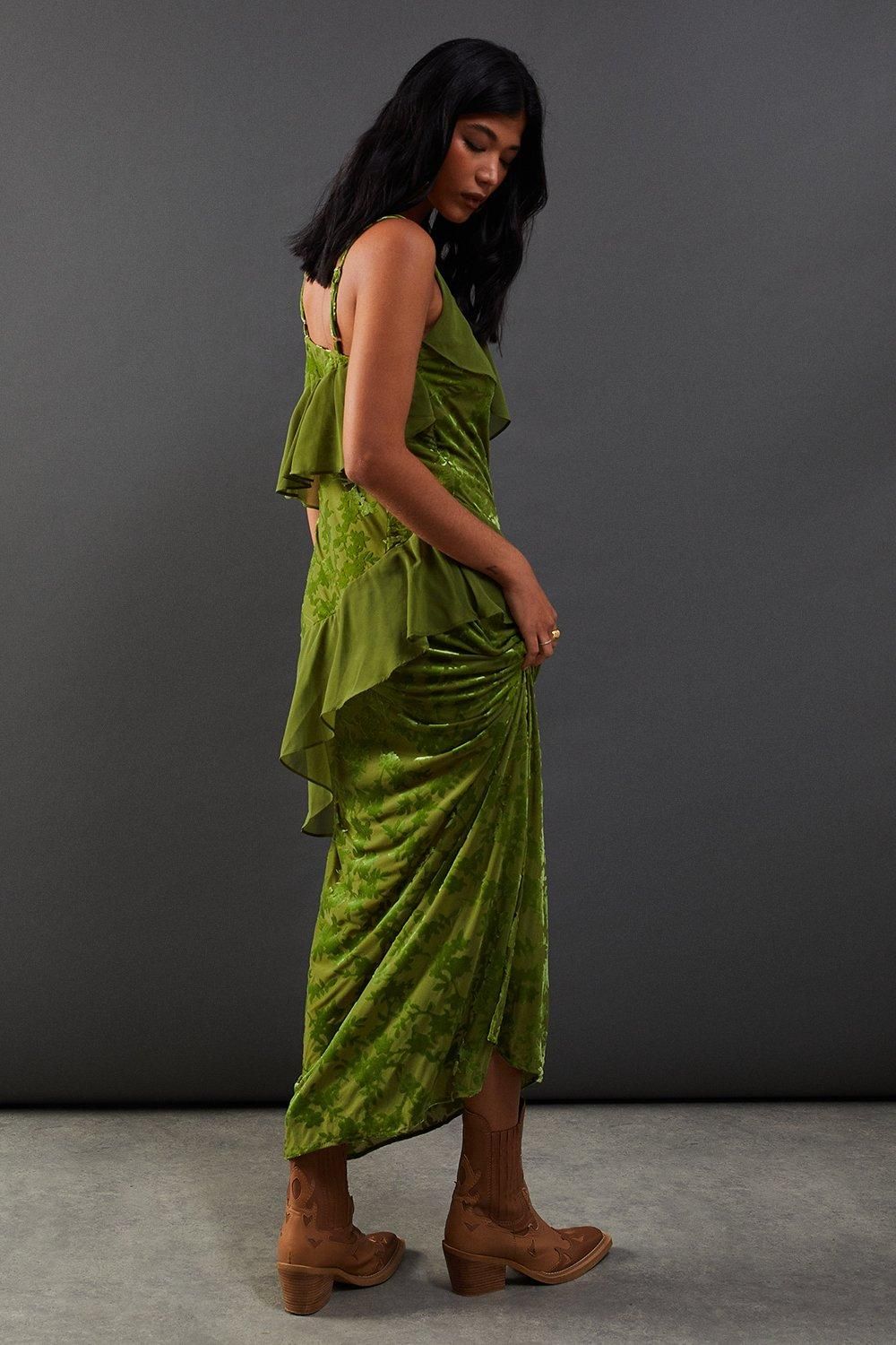 Warehouse Premium Velvet Chiffon Mix Frill Strappy Midaxi Dress Green image 3