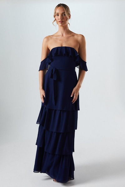 Oasis Bardot Tiered Georgette With Tie Detail Bridesmaid Dress Navy