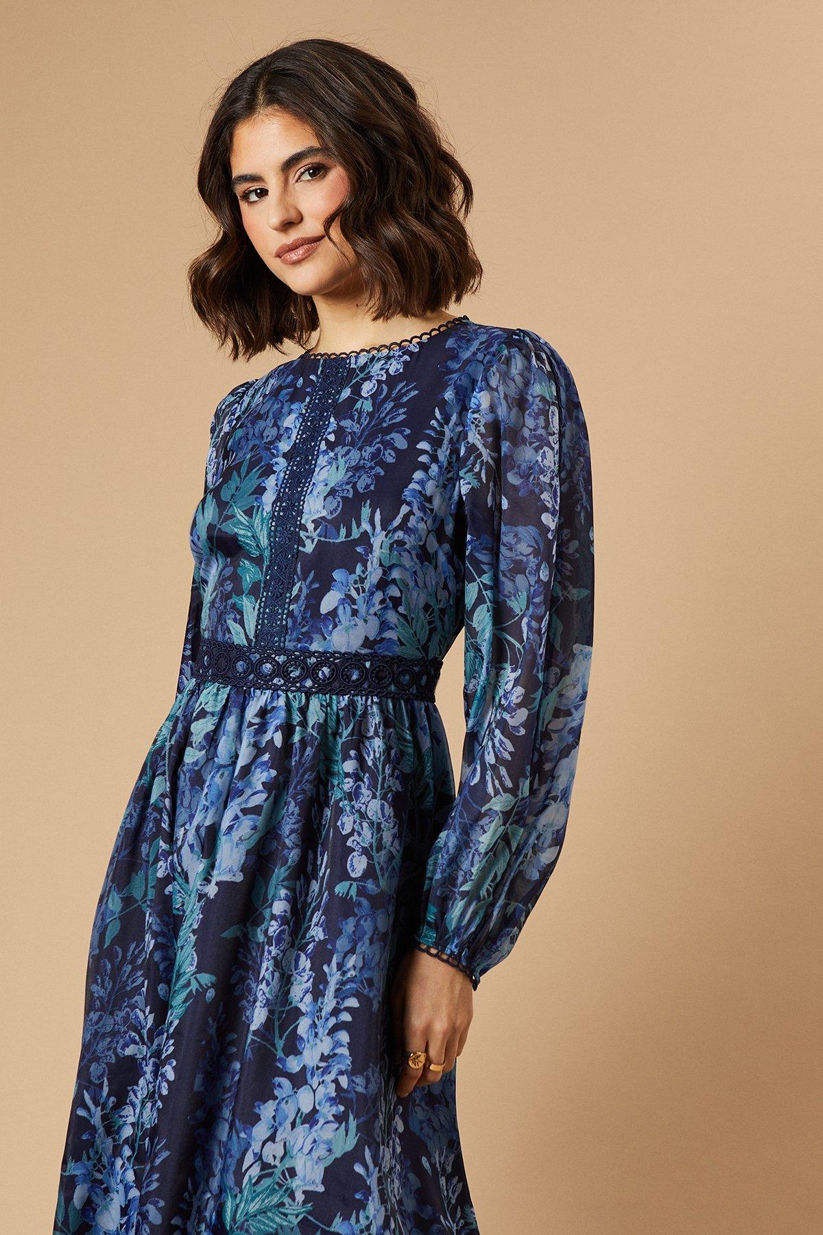 Oasis Floral Printed Organza Lace Trim Midaxi Dress Navy image 2