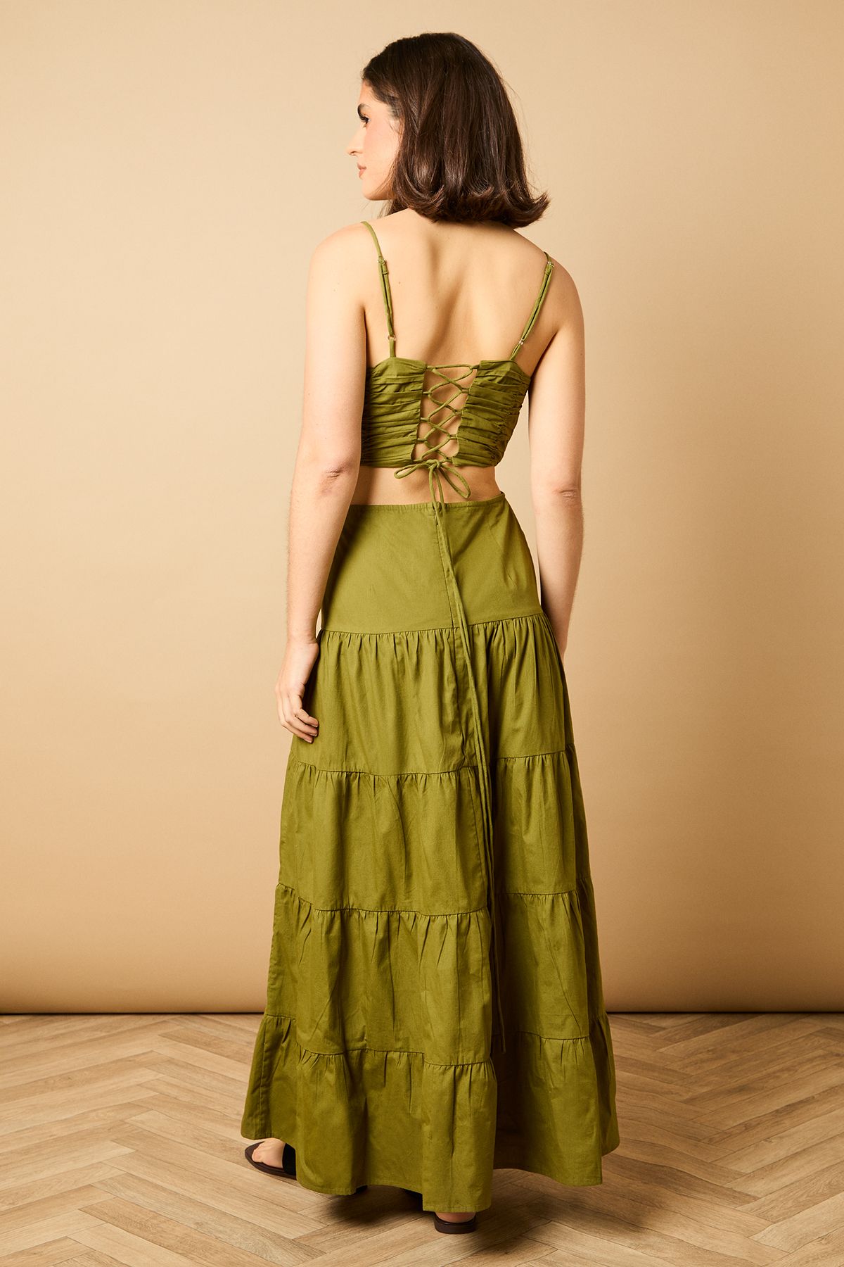 Oasis Gathered Bodice Tie Back Maxi Dress Olive image 3