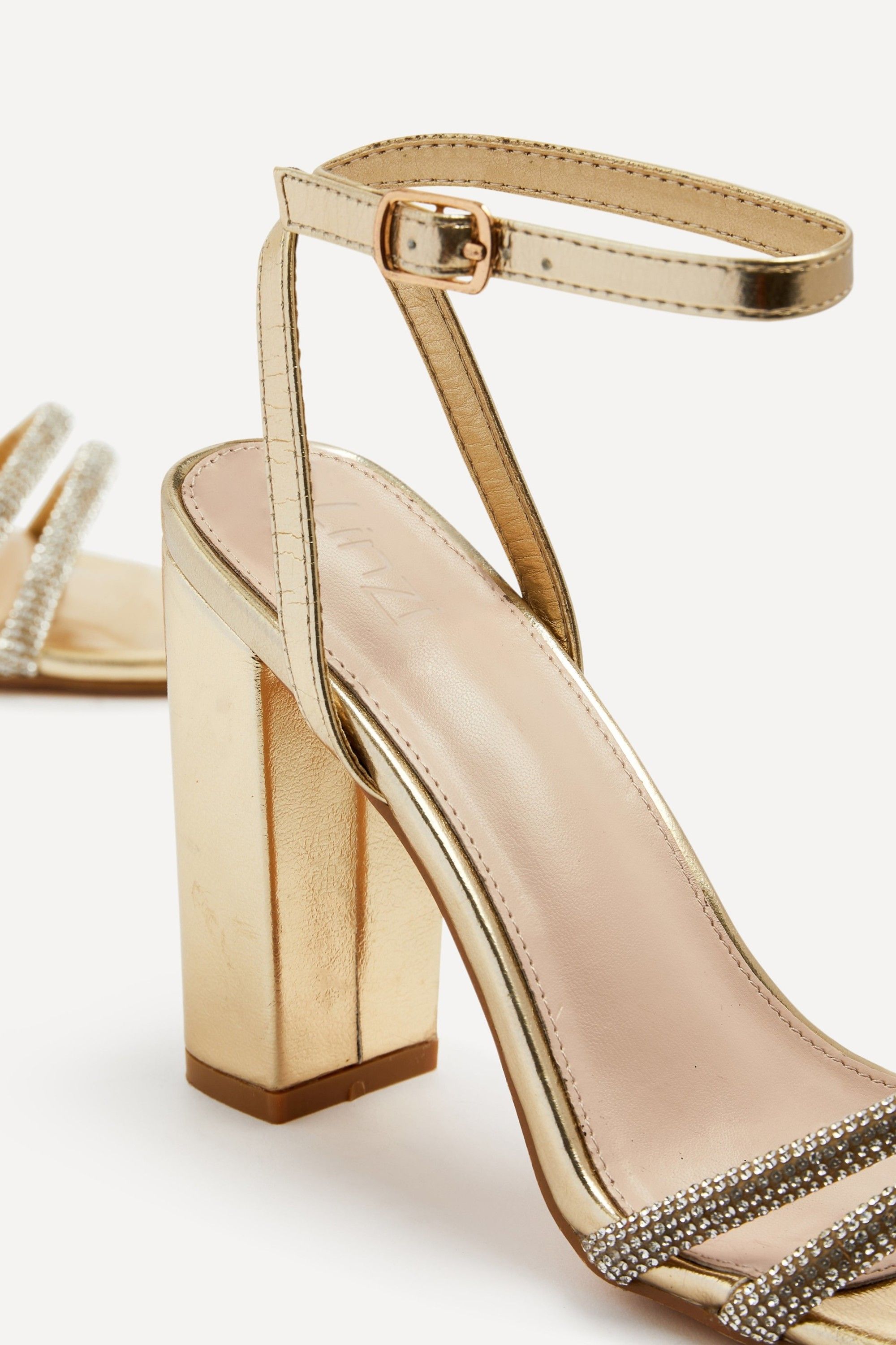 Linzi Imera Gold Faux Leather Double Diamante Strap Block Heeled Sandal image 4