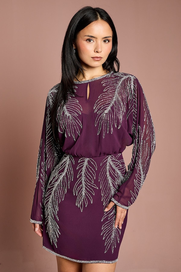 Coast Petite Long Sleeve Placement Feather Embellished Mini Dress Red