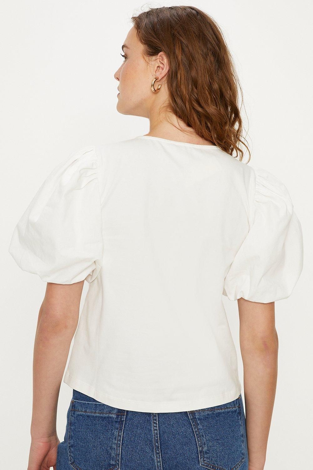 Oasis Woven Mix Puff Sleeve T-Shirt White image 3