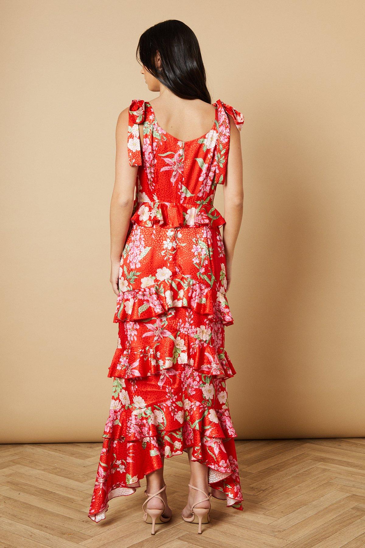 Oasis Red Printed Satin Jacquard Tiered Midi Dress | PrettyLittleThing
