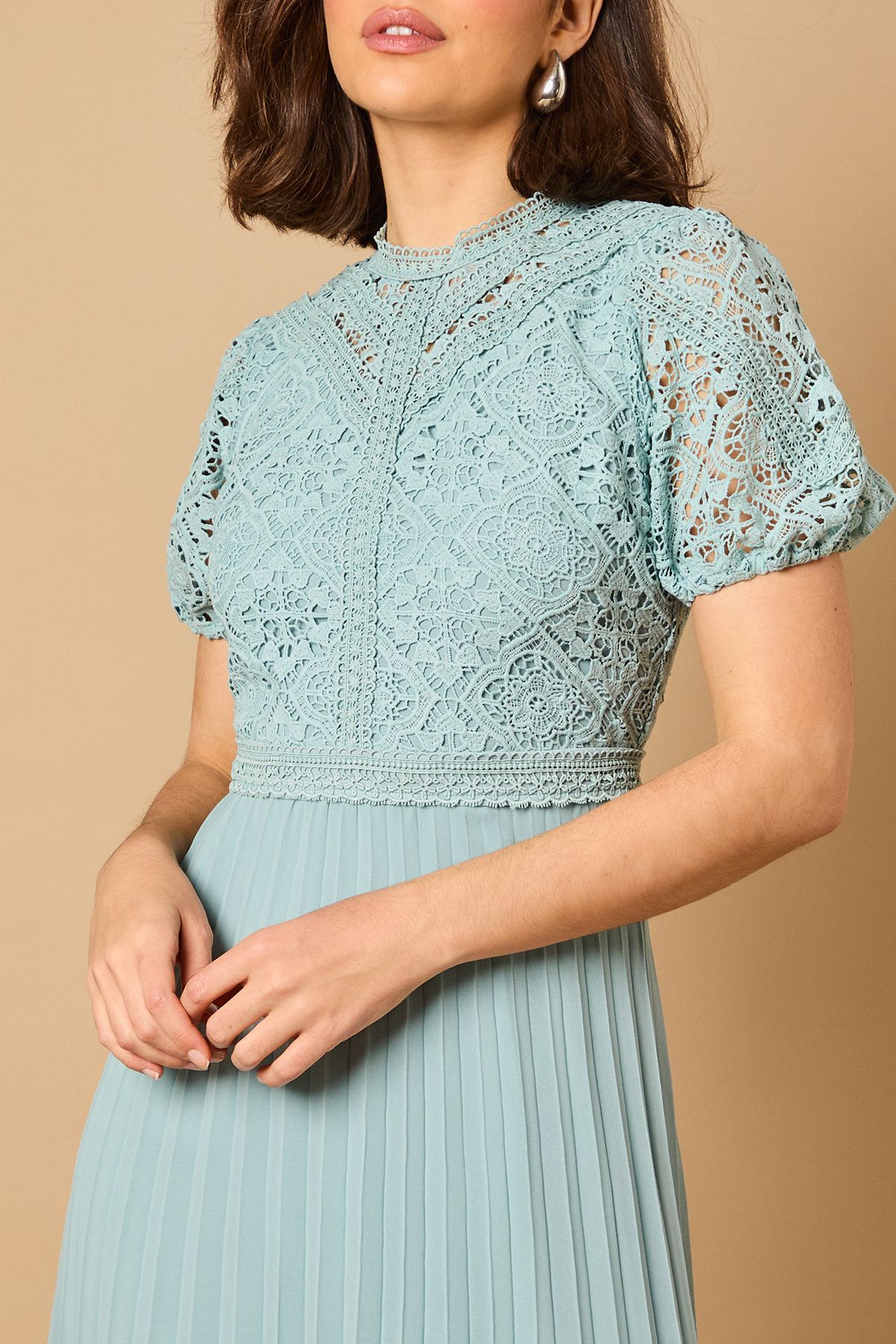 Oasis Lace Puff Sleeve Pleated Midi Dress Light Blue image 5