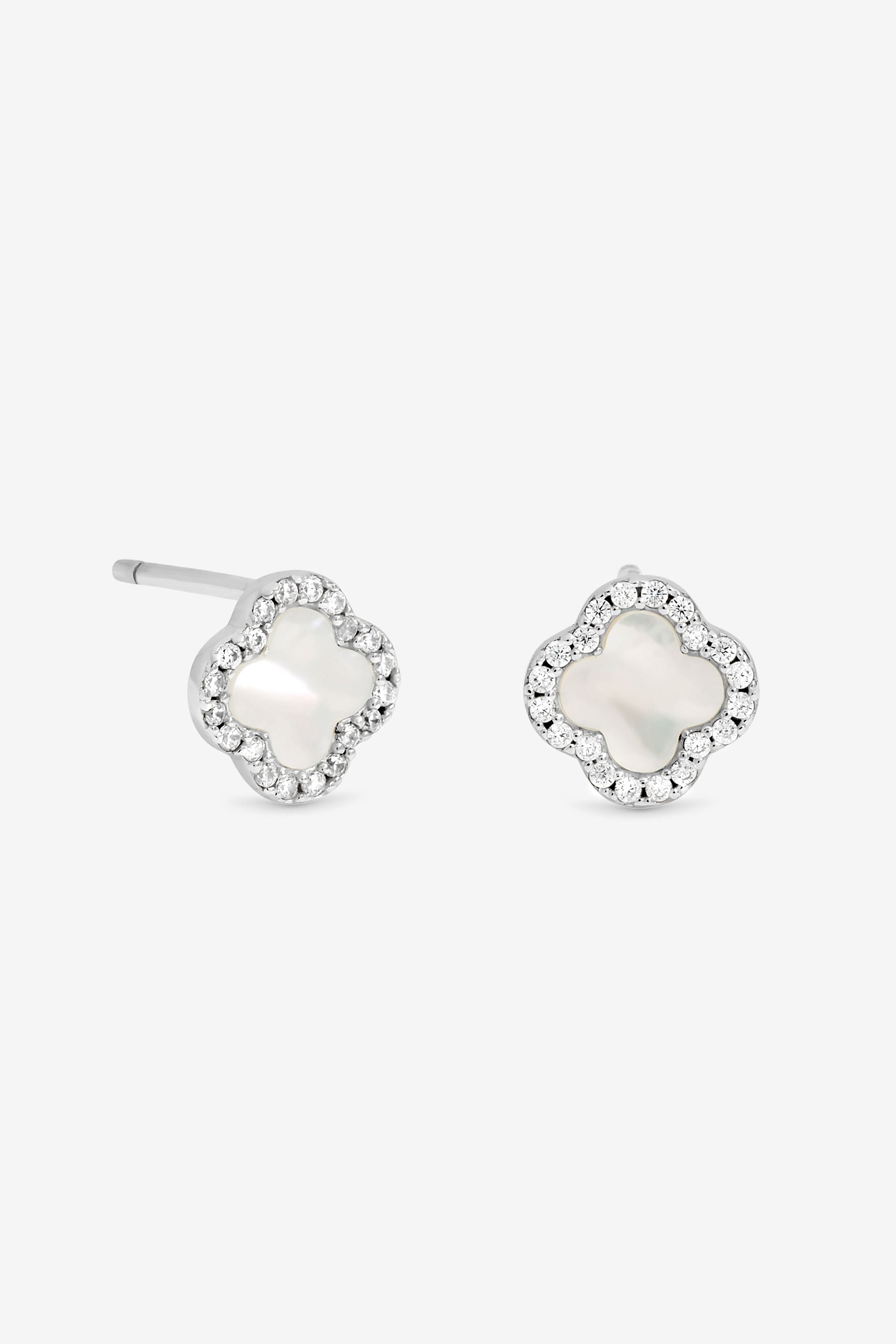 Simply Silver Sterling Silver 925 Pave Mother of Pearl Clover Stud Earrings image 1