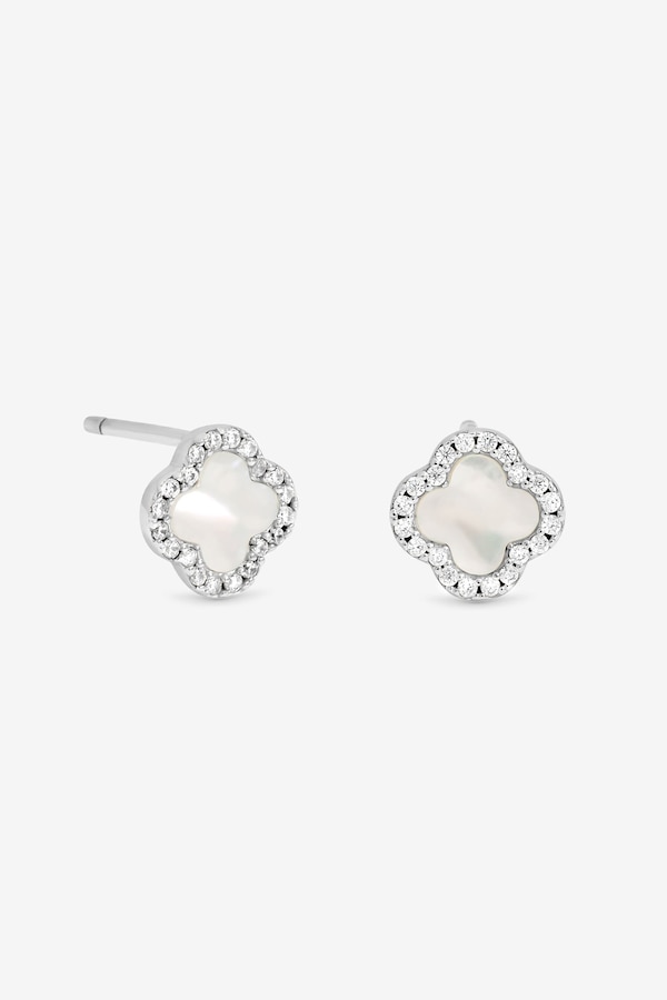 Simply Silver Sterling Silver 925 Pave Mother of Pearl Clover Stud Earrings
