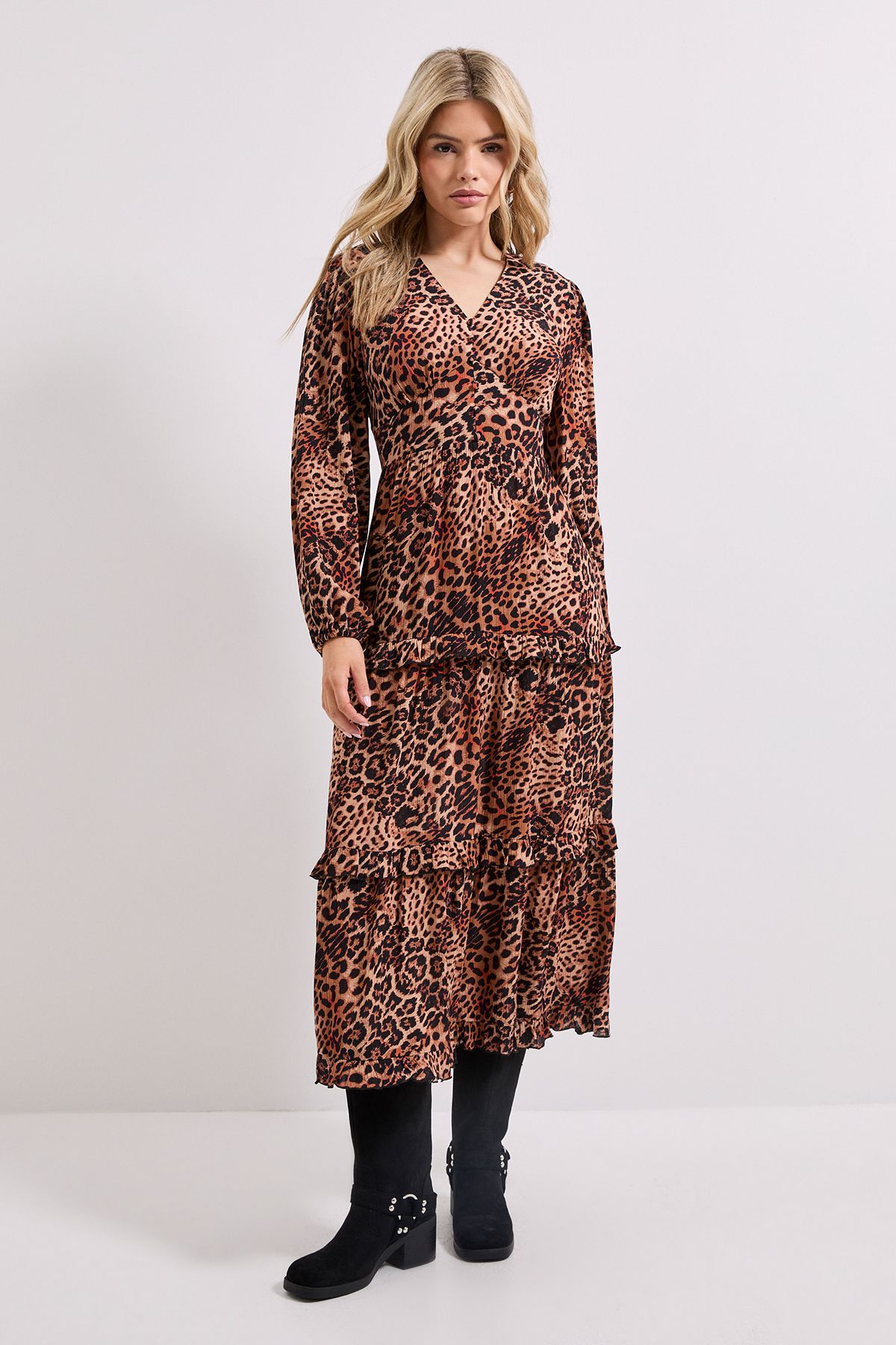 Dorothy Perkins Button Through Blouson Sleeve Tiered Frill Midi Dress Leopard