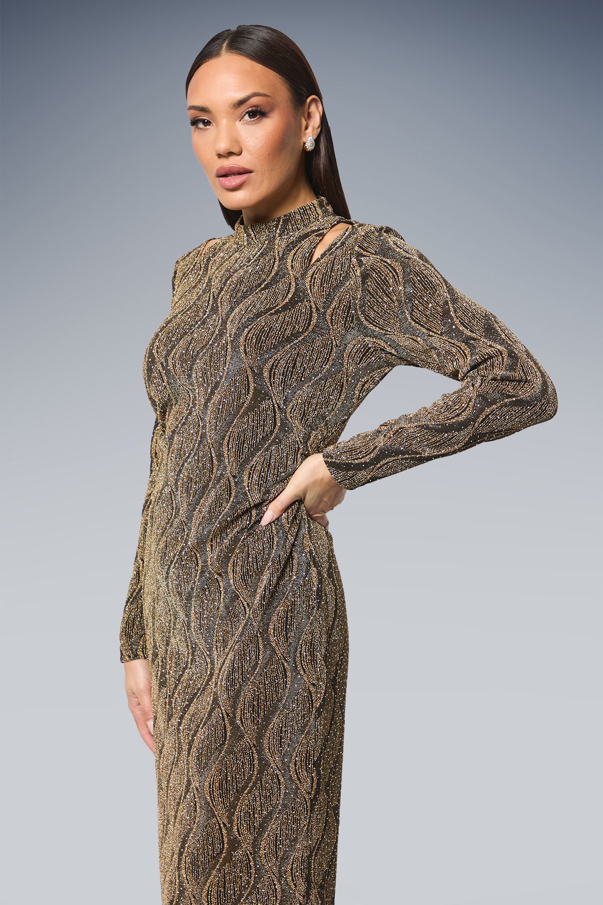 Principles Cut-Out Detail Sparkle Jersey Midi Dress Gold image 2