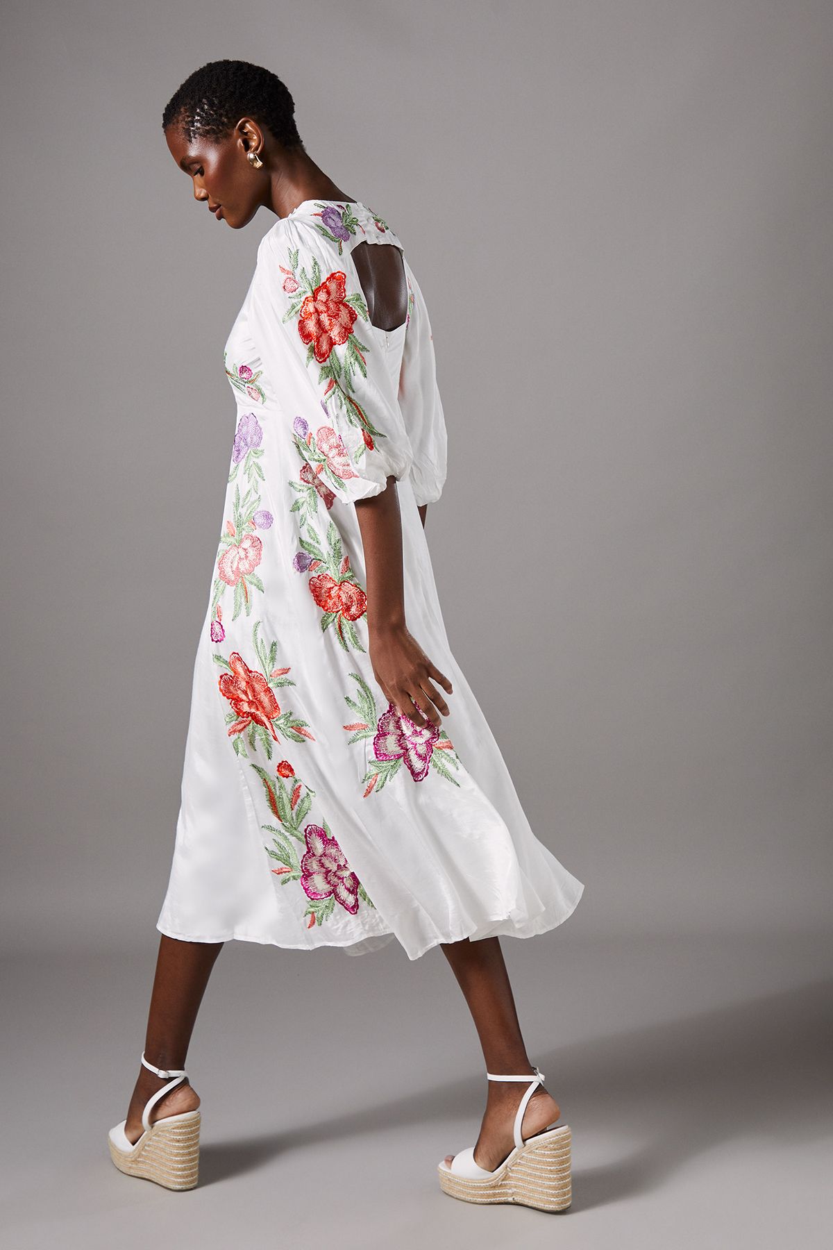 Coast Floral Neckline Embroidered Puff Sleeve Midi Dress White image 3
