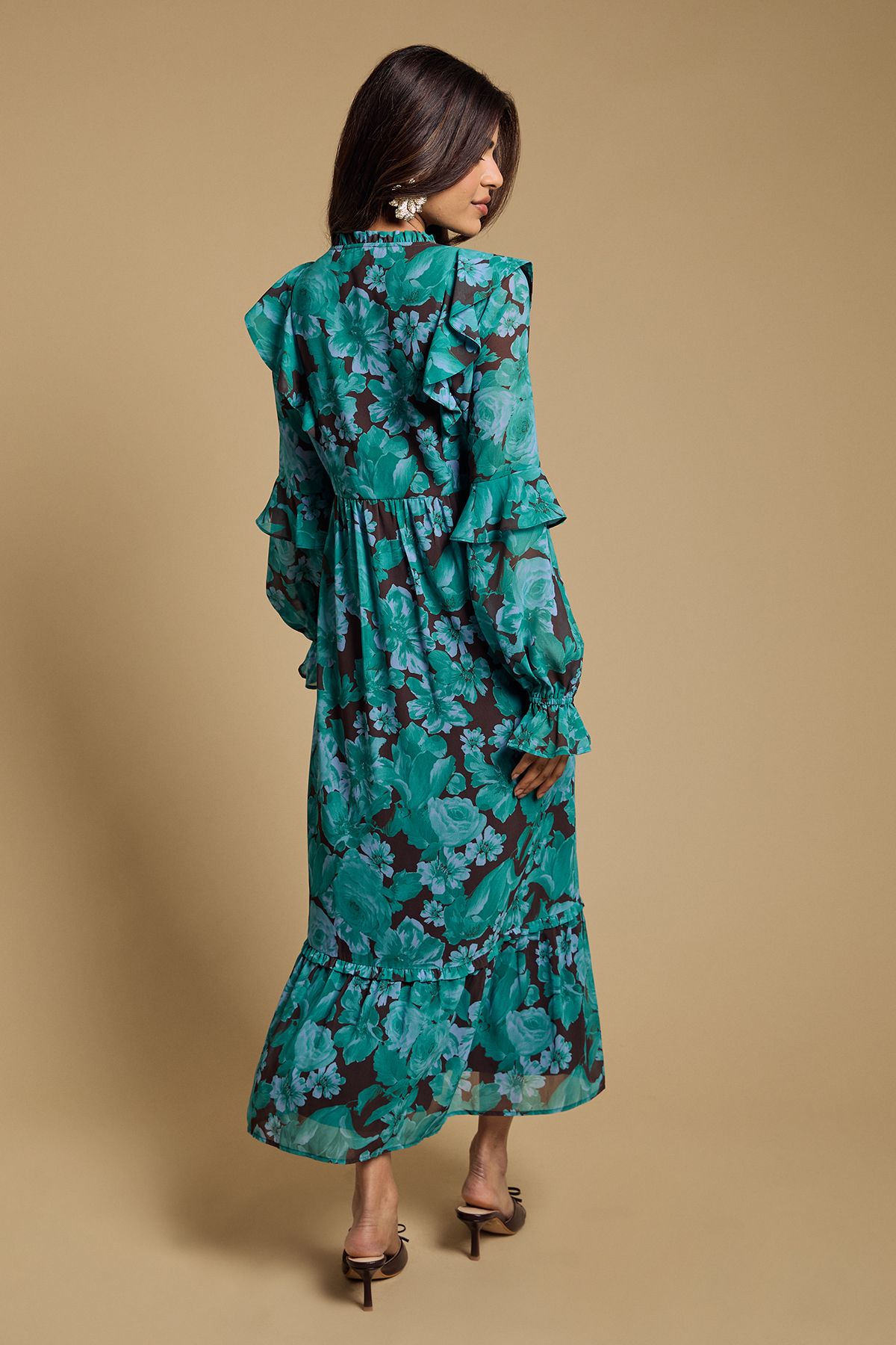 Oasis Petite Long Sleeve Ruffle Chiffon Tiered Maxi Dress Blue image 3