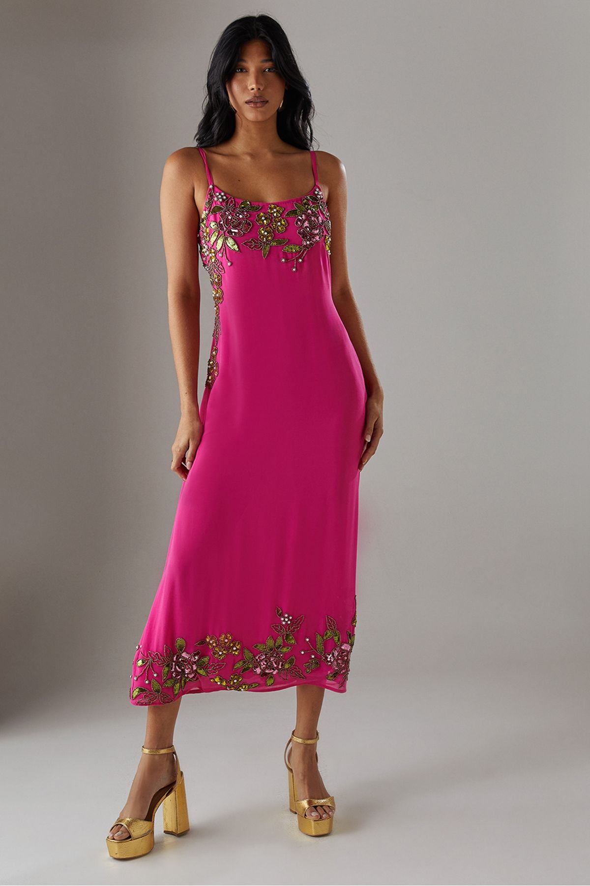 Warehouse Hand Embellished Strappy Bias Sequin Midi Dress Hot Pink image 1