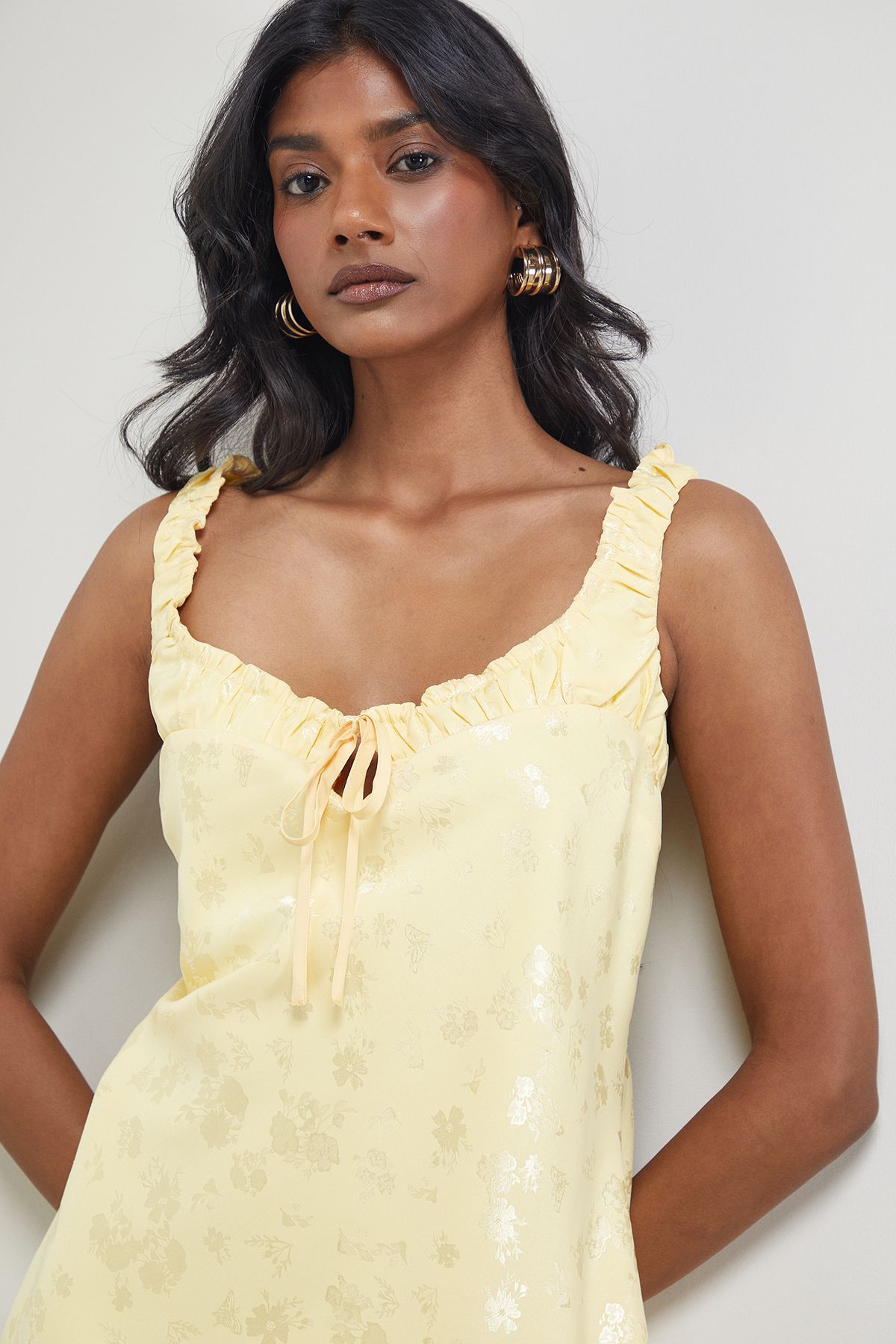 Warehouse Satin Jacquard Ruched Bust Tie Mini Slip Dress Yellow image 2