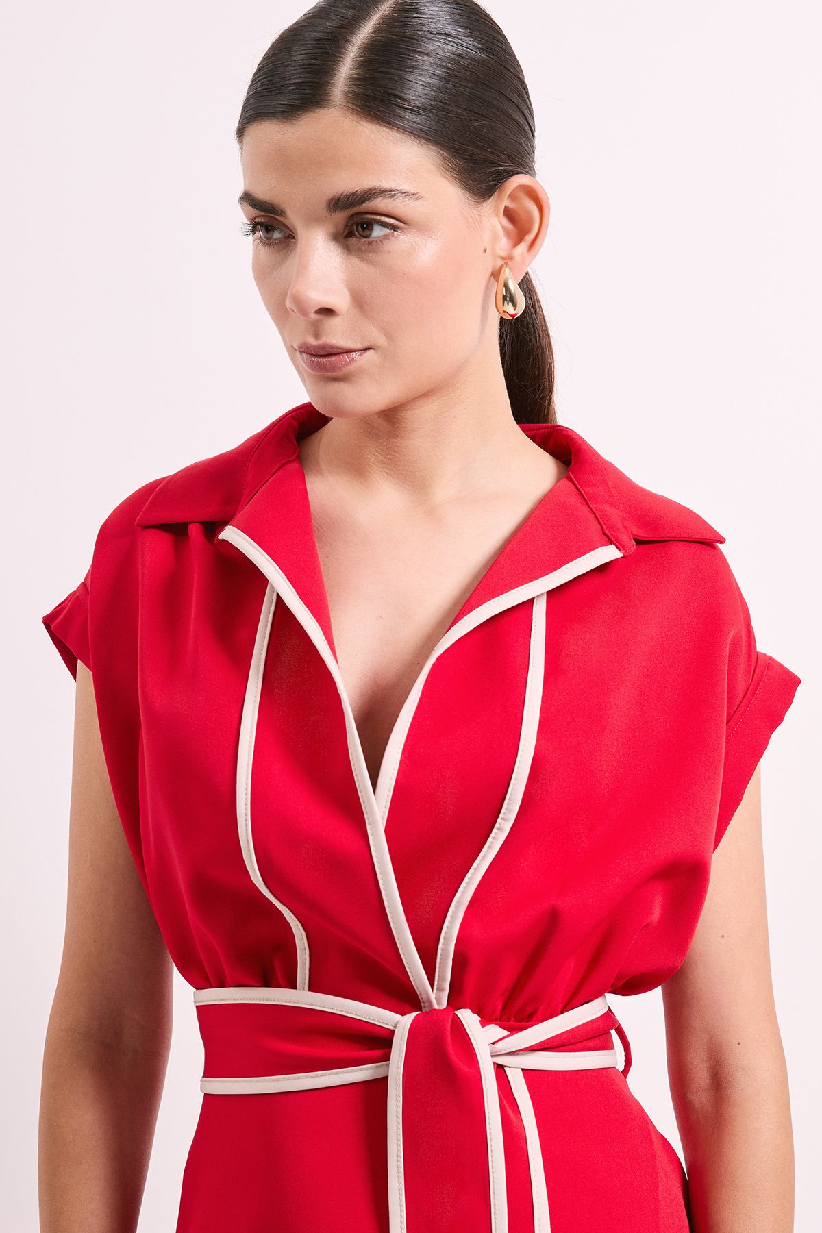 Principles Red Contrast Tie Waist Midi Dress Red image 3