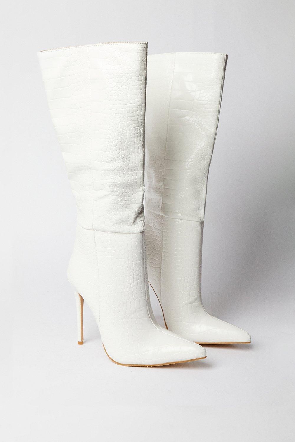 MissPap Leather Look Croc Pointed Heeled Boot White image 3