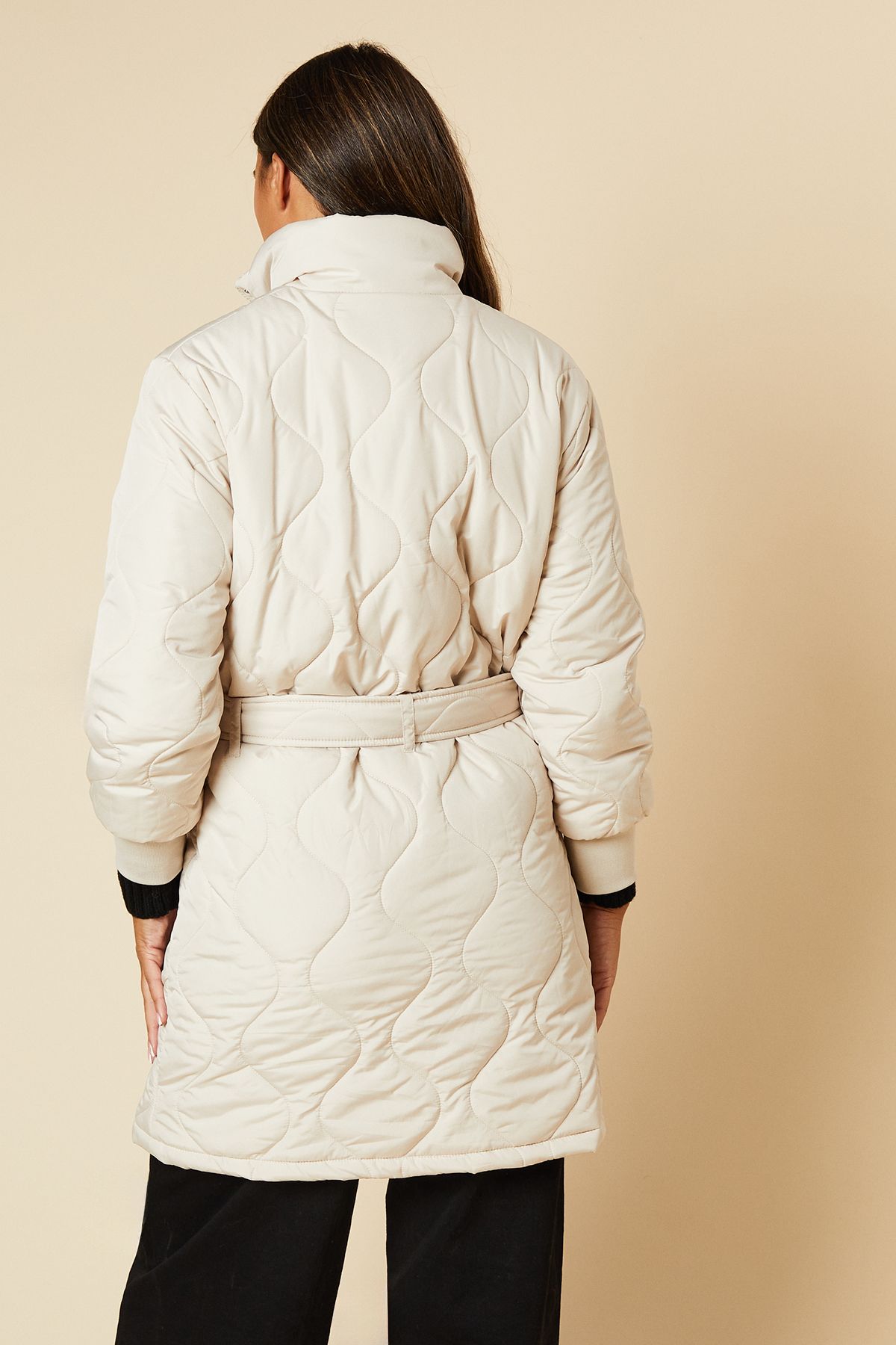 Dorothy Perkins Self Covered Button Quilted Padded Puffer Midi Coat Stone image 3