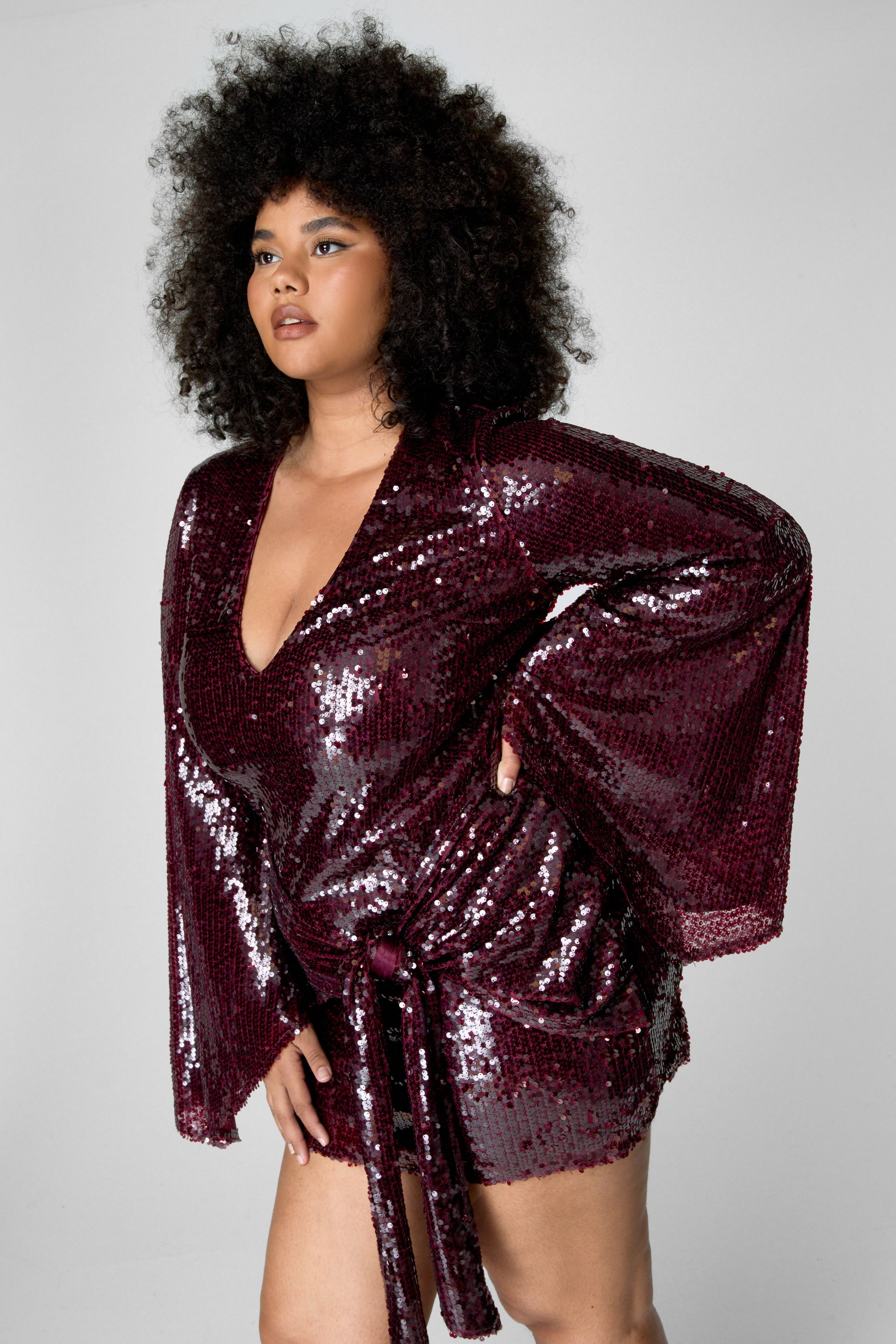 NastyGal Plus Sequin Flared Sleeve Tie Front Mini Dress Burgundy image 1