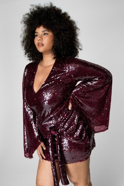 NastyGal Plus Sequin Flared Sleeve Tie Front Mini Dress Burgundy