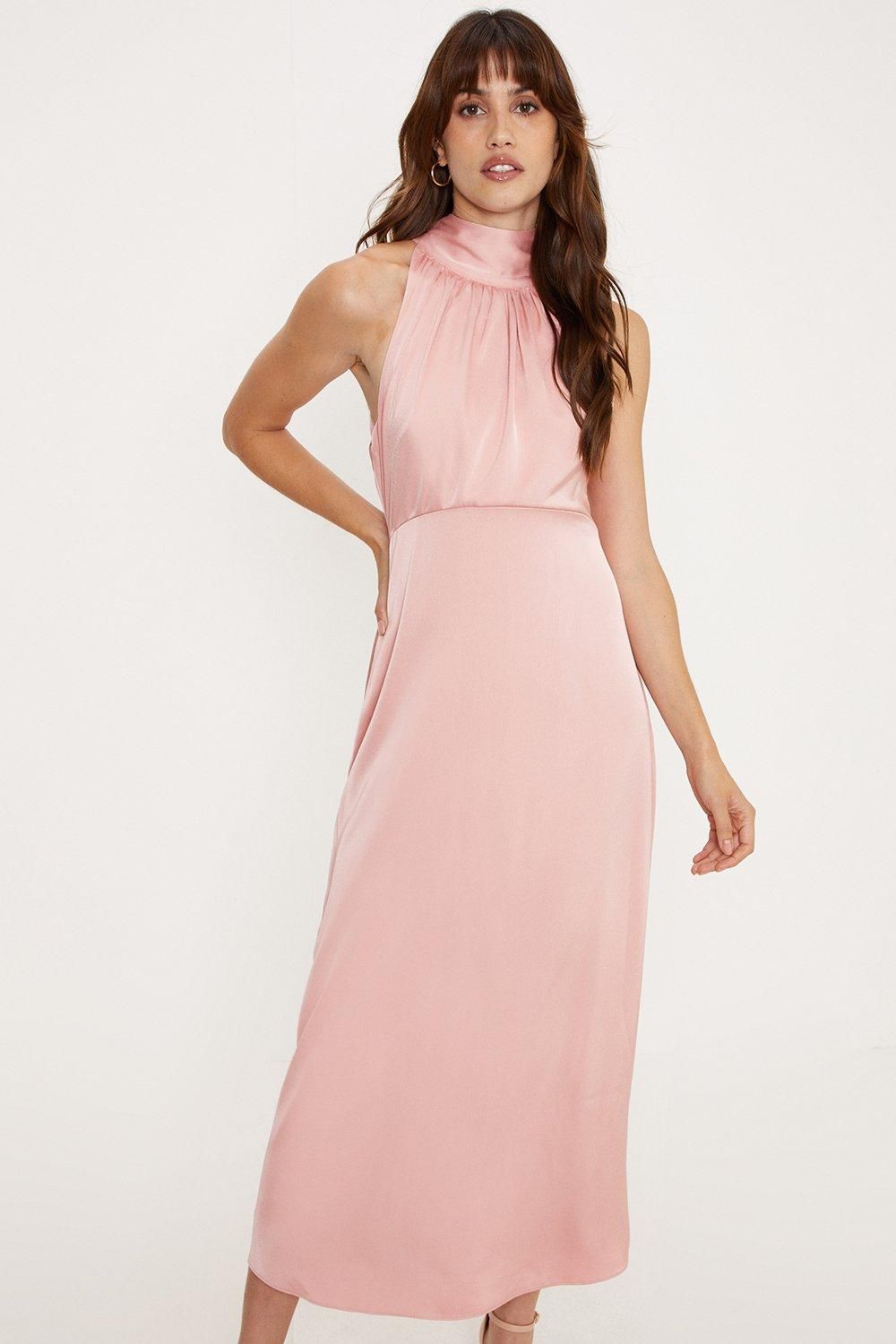 Oasis Petite Satin Halter Neck Midi Bridesmaid Dress Dusty Pink image 2