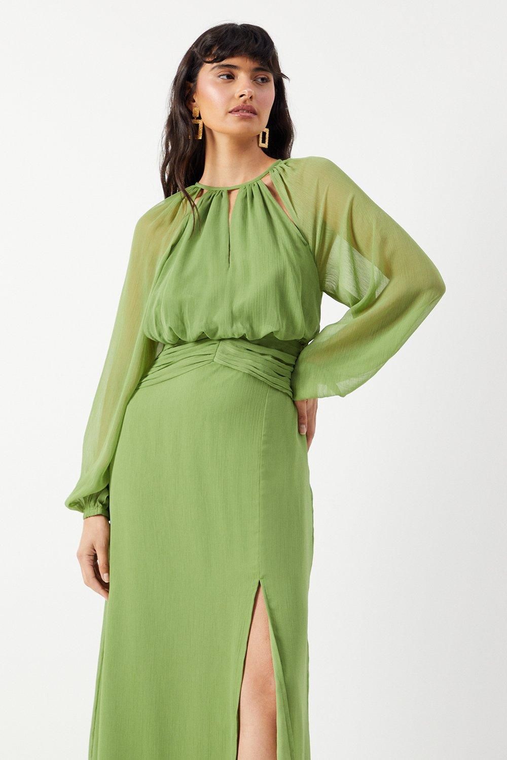 Warehouse Chiffon Cut Out Detail Volume Sleeve Maxi Dress Olive image 2