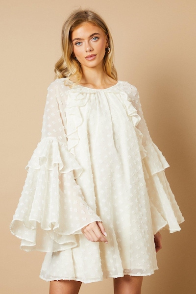 Oasis Dobby Chiffon Ruffle Sleeve Mini Dress Ivory