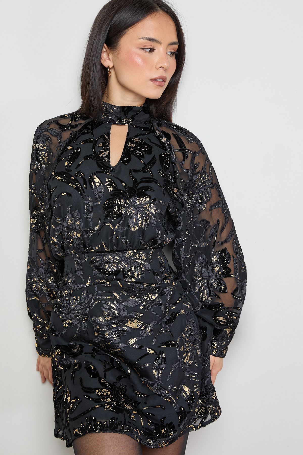 Oasis Petite Floral Metallic Devore High Neck Mini Dress Black image 2