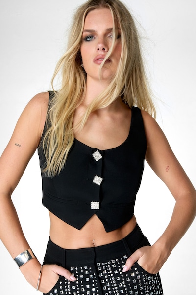 NastyGal Diamante Button Tailored Waistcoat Black