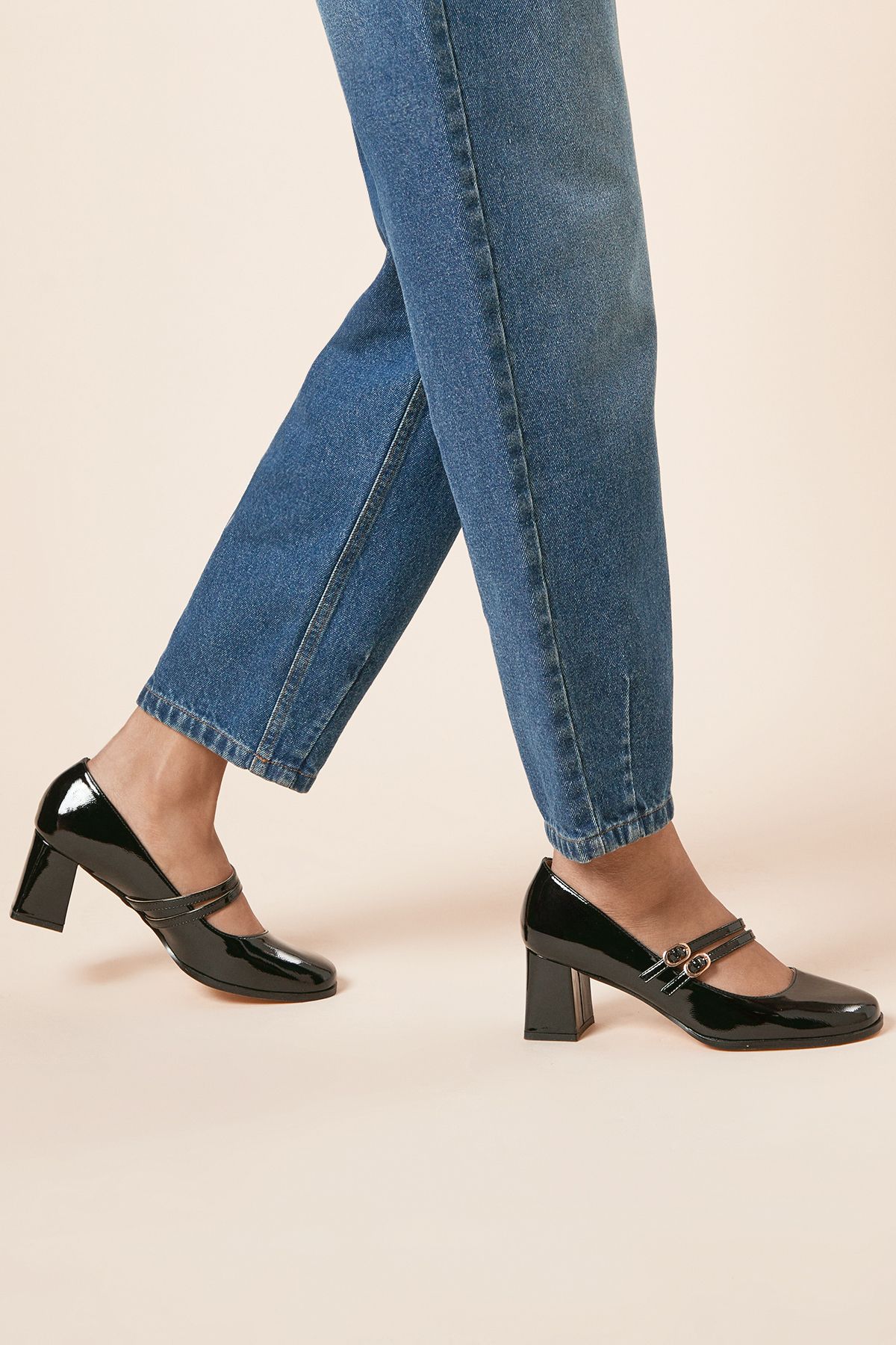 Oasis Catalina Patent Double Mary Jane High Block Heeled Shoes True Black image 3