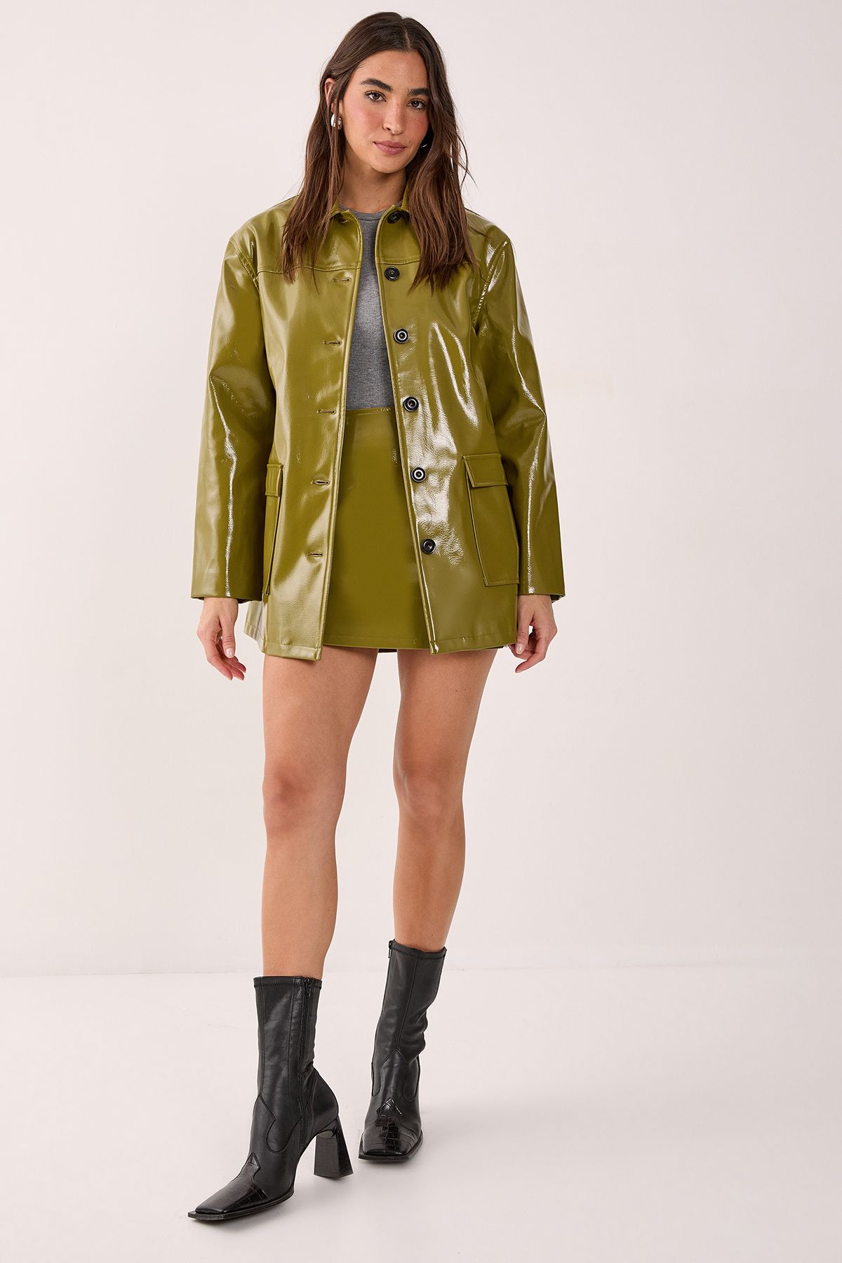 NastyGal Vinyl High Clean Longline Jacket Olive image 2
