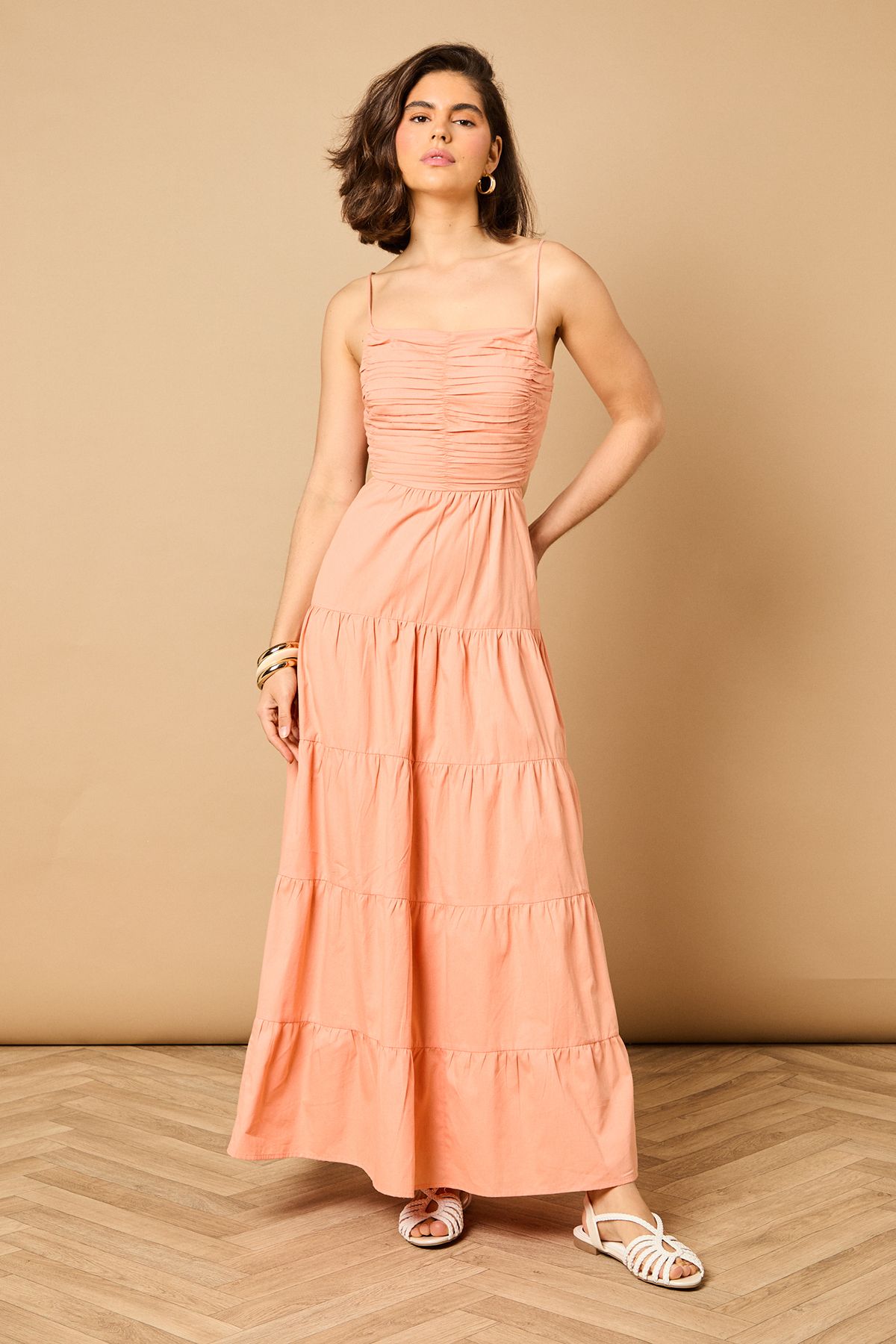 Oasis Gathered Bodice Tie Back Maxi Dress Apricot image 4