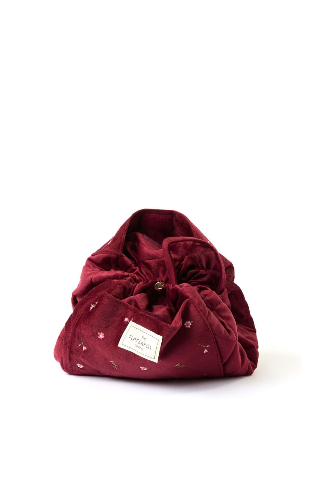The Flat Lay Co Drawstring Makeup Bag - Ditsy Roses & Flowers Burgundy Embroidered Velvet Multi image 3
