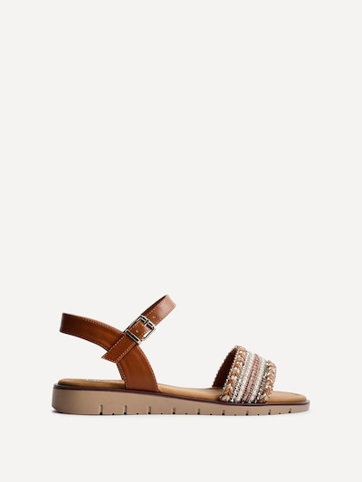 Linzi Topaz Wide Fit Tan Raffia Embellished Flat Sandals