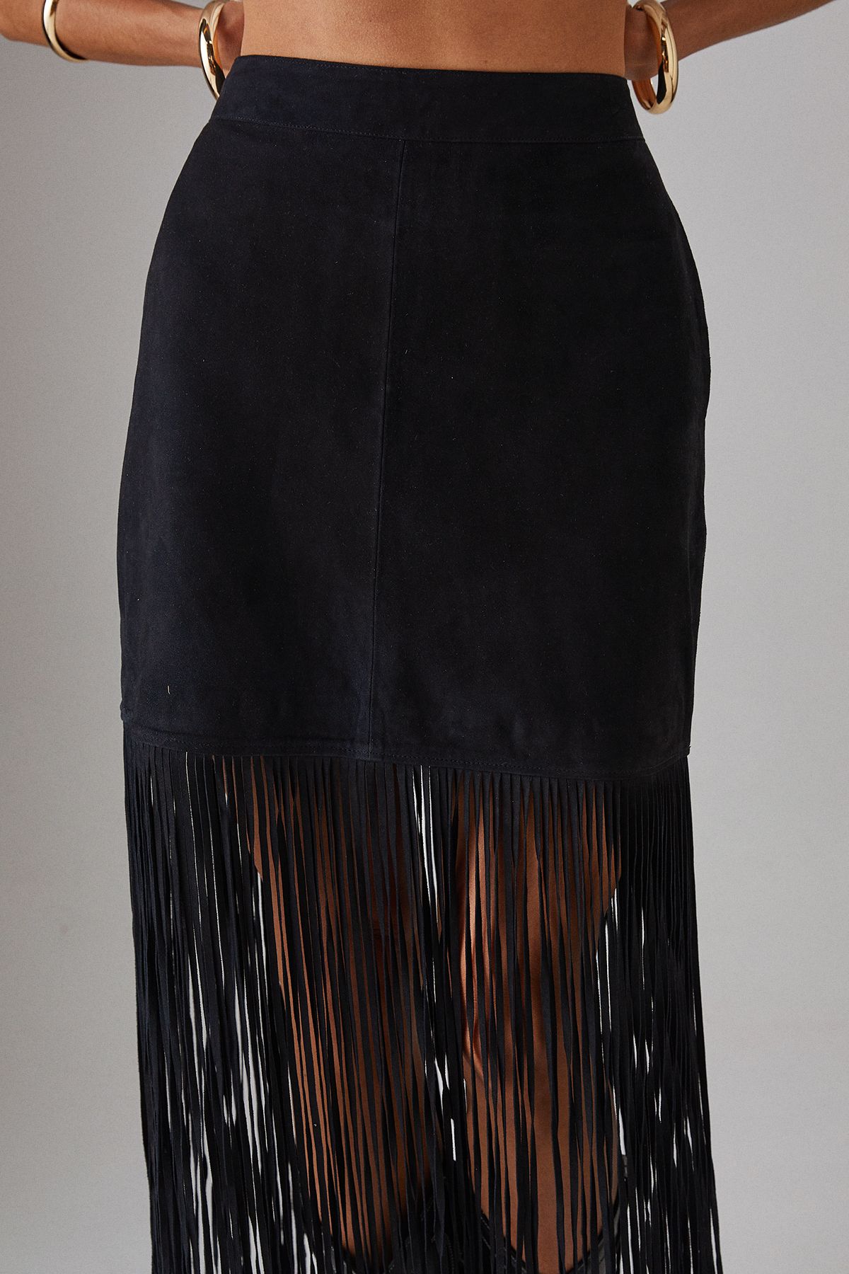 Warehouse Real Suede Fringed Maxi Skirt Black image 2